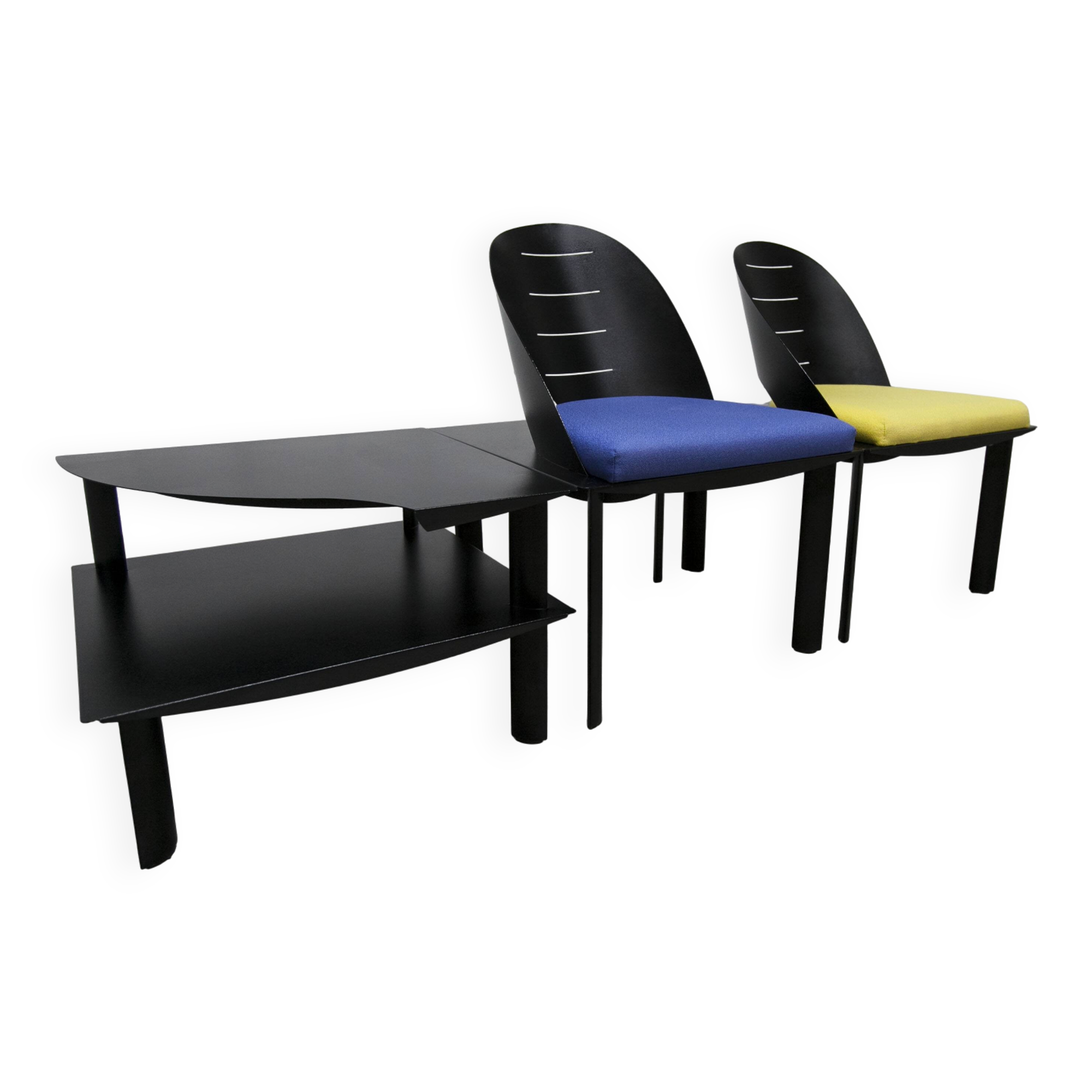 Ensemble 2 fauteuils + table basse design patrice bonneau genexco 1980
