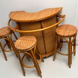 Rattan and bamboo bar and 3 stools from the 60s