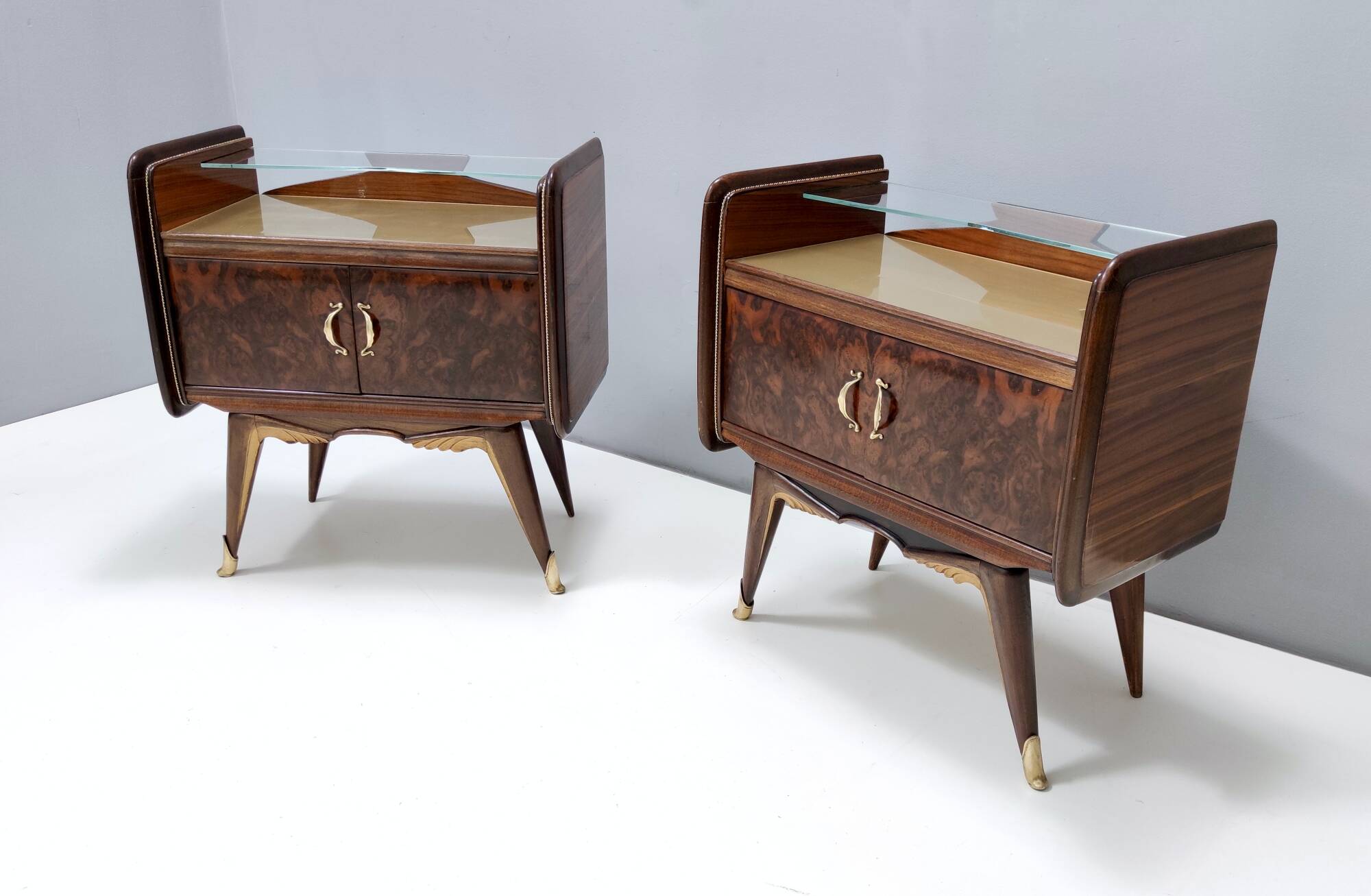 Pair of Walnut Nightstands with Golden Back-Painted Glass Top, Italy