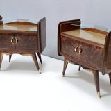 Pair of Walnut Nightstands with Golden Back-Painted Glass Top, Italy