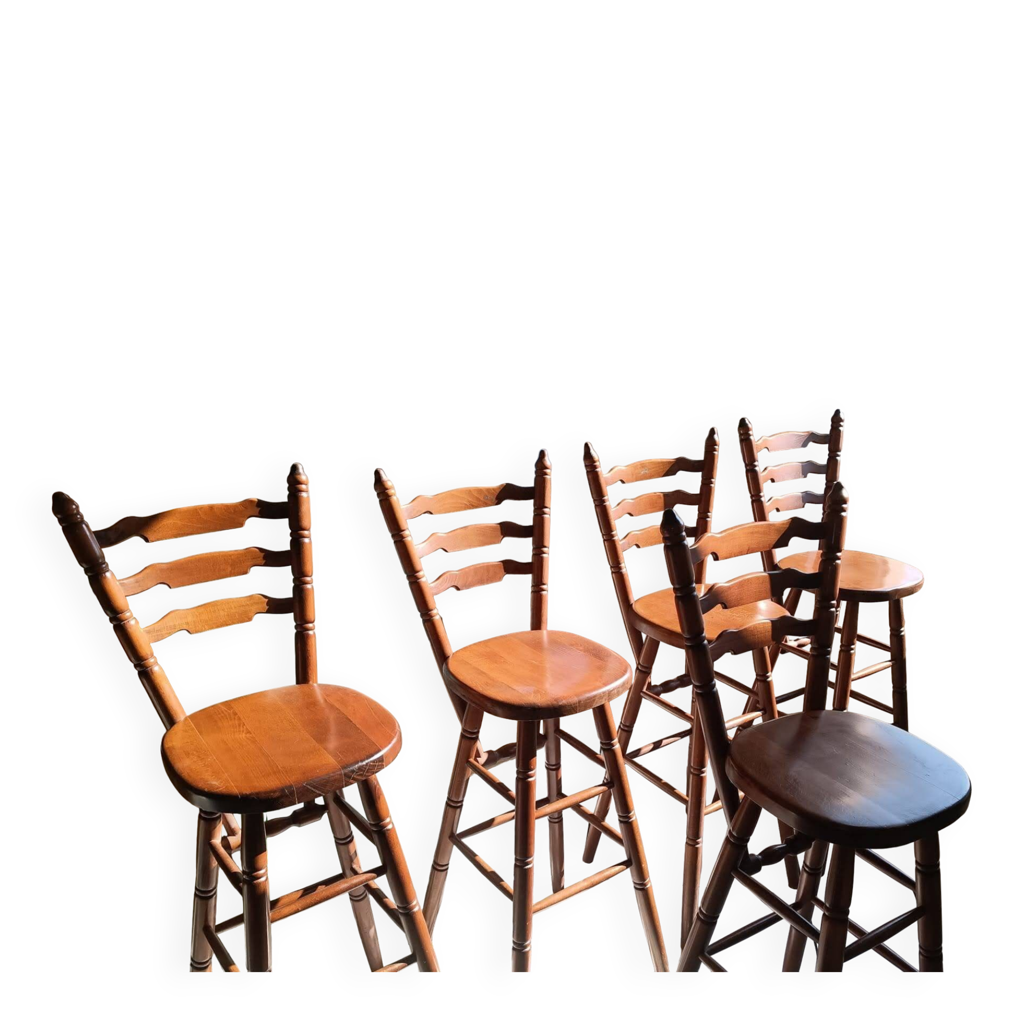 Set of 5 Solid Wood Bar Stools – Bistro / Country Chic Style