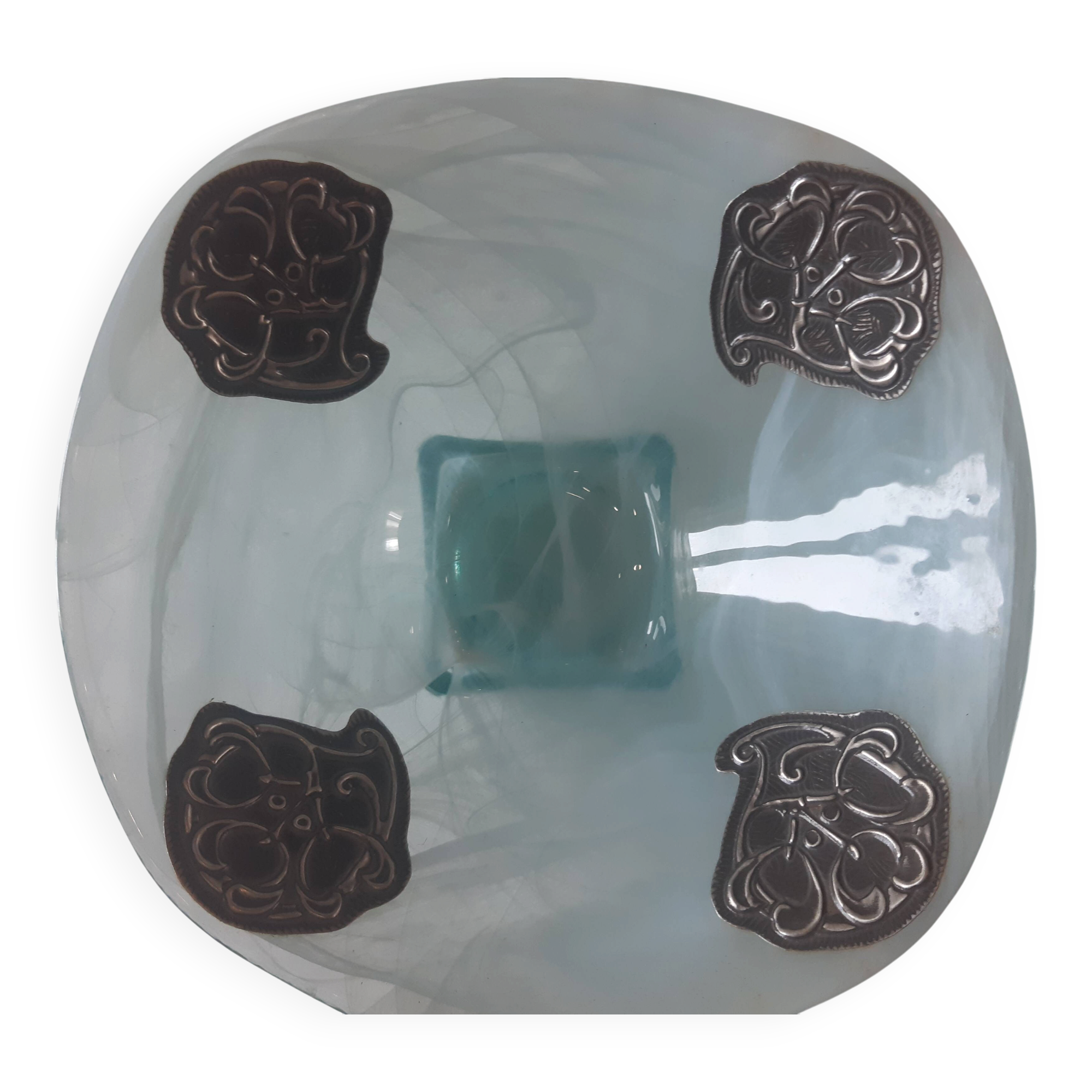 Handcrafted glass fruit bowl with ribbed design set with pewter medallions.