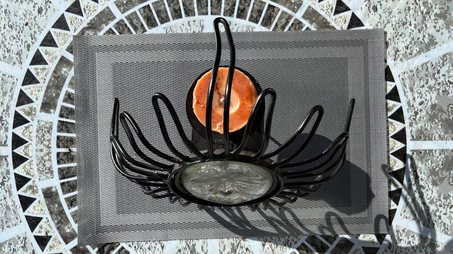 Vintage size iron and glass candle holder