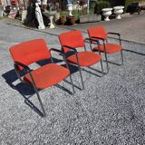 3 vintage chrome metal armchairs with orange fabric tops