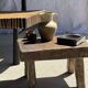 Petit stool, tabouret d'appoint en teck massif rectangulaire wabi-sabi H25