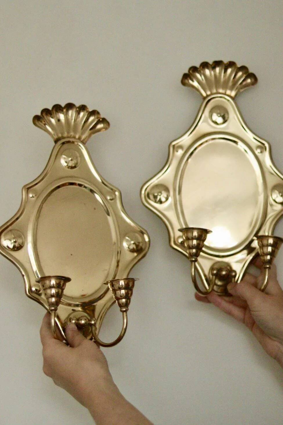 Large Swedish brass wall sconces in mid-century baroque style.