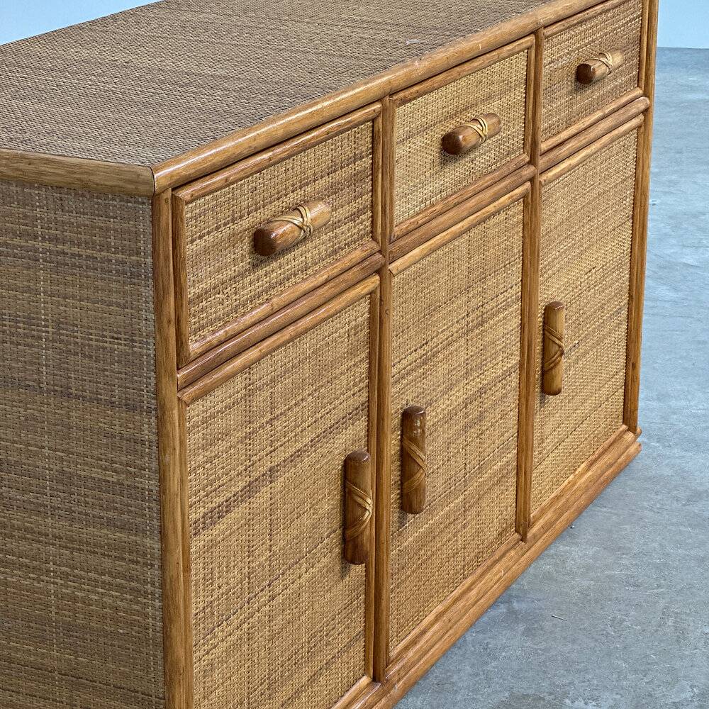 Vintage rattan & bamboo sideboard / credenza, 1970s