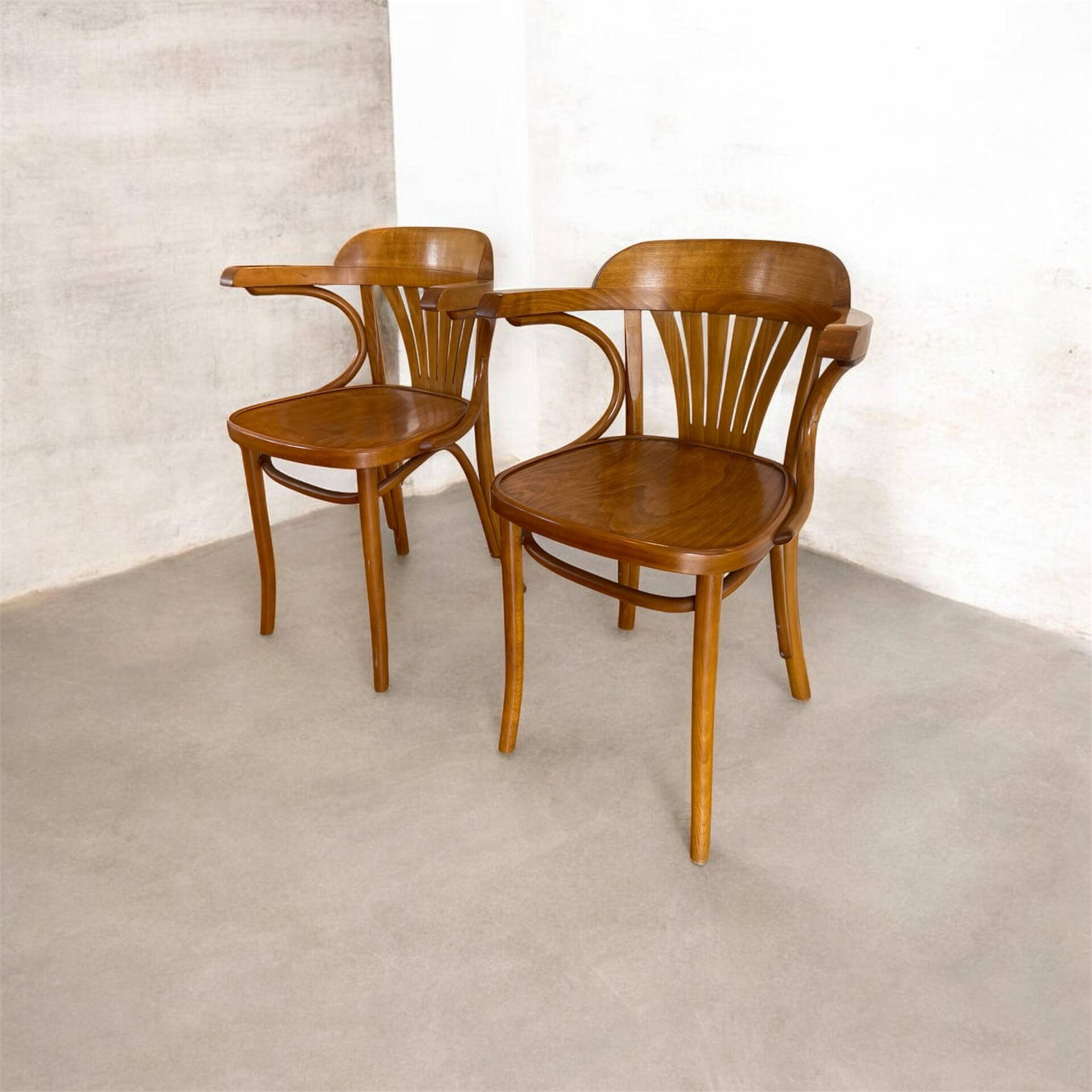 Pair of Thonet style / Bistro curved wooden armchairs
