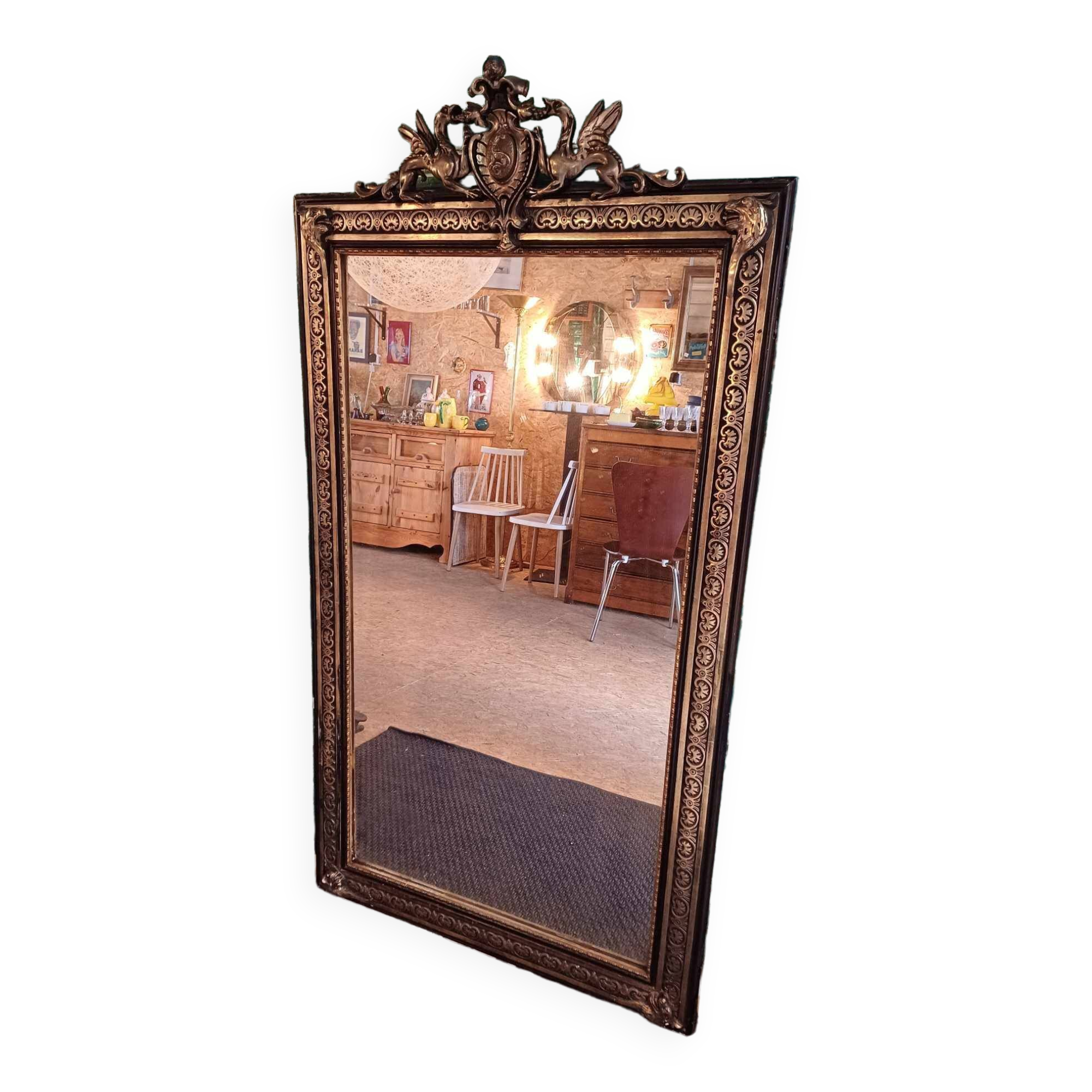 Napoleon 3 period mirror in gilded wood, mercury glass 154 high by 83.5
