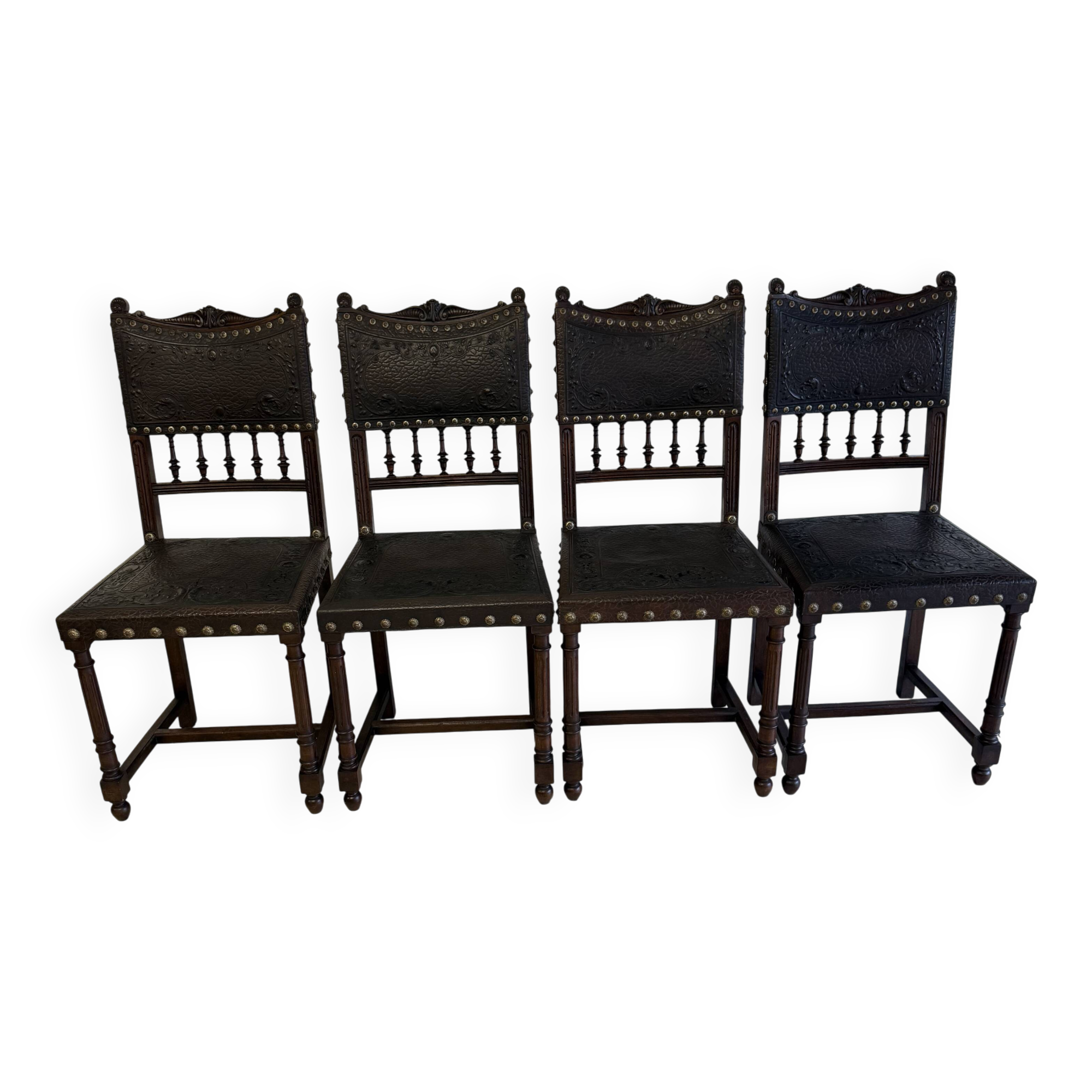 4 Henri IV wood and leather chairs