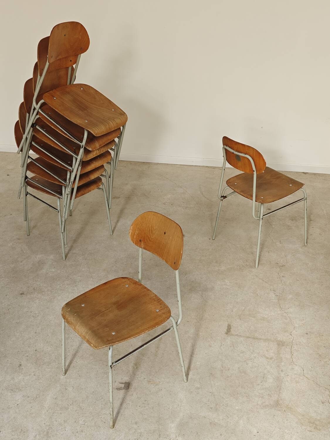 Set of 8 metal and wood school chairs  
Former Czechoslovakia 1960