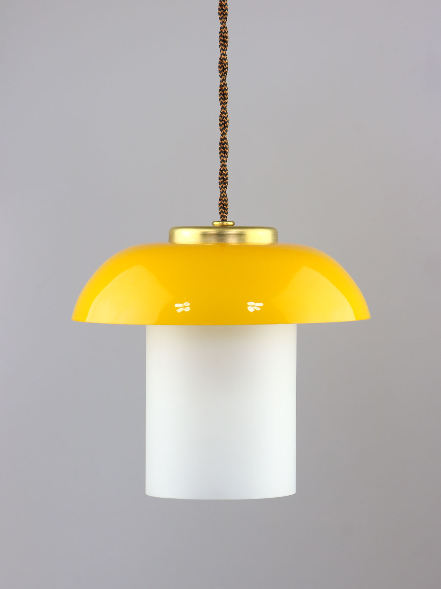 Mid-century yellow glass & brass mushroom pendant lamp