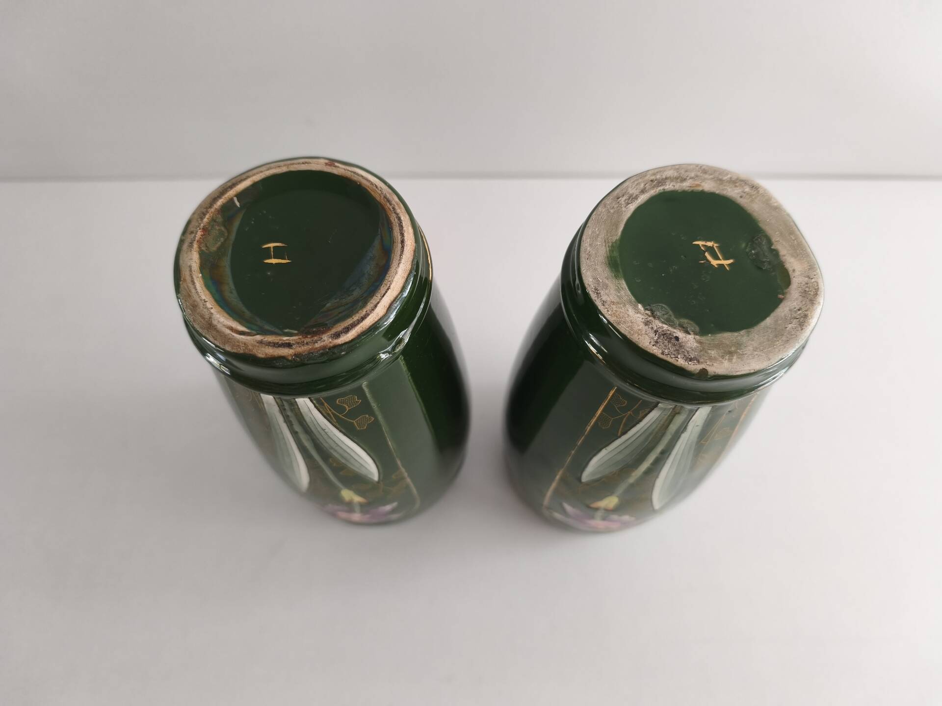 Pair of vintage empire green ceramic vases – Iris decoration & gilding