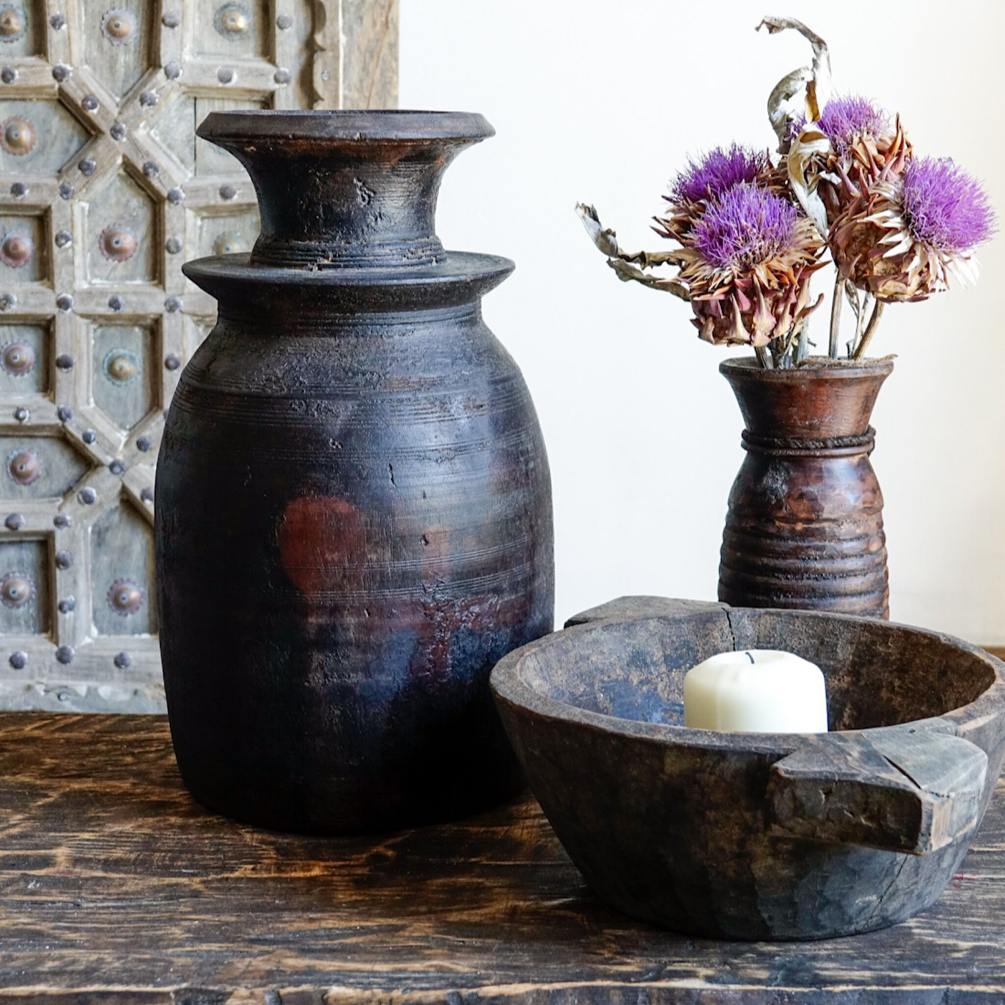 Large wooden Himachal pot n°3 (with lid)