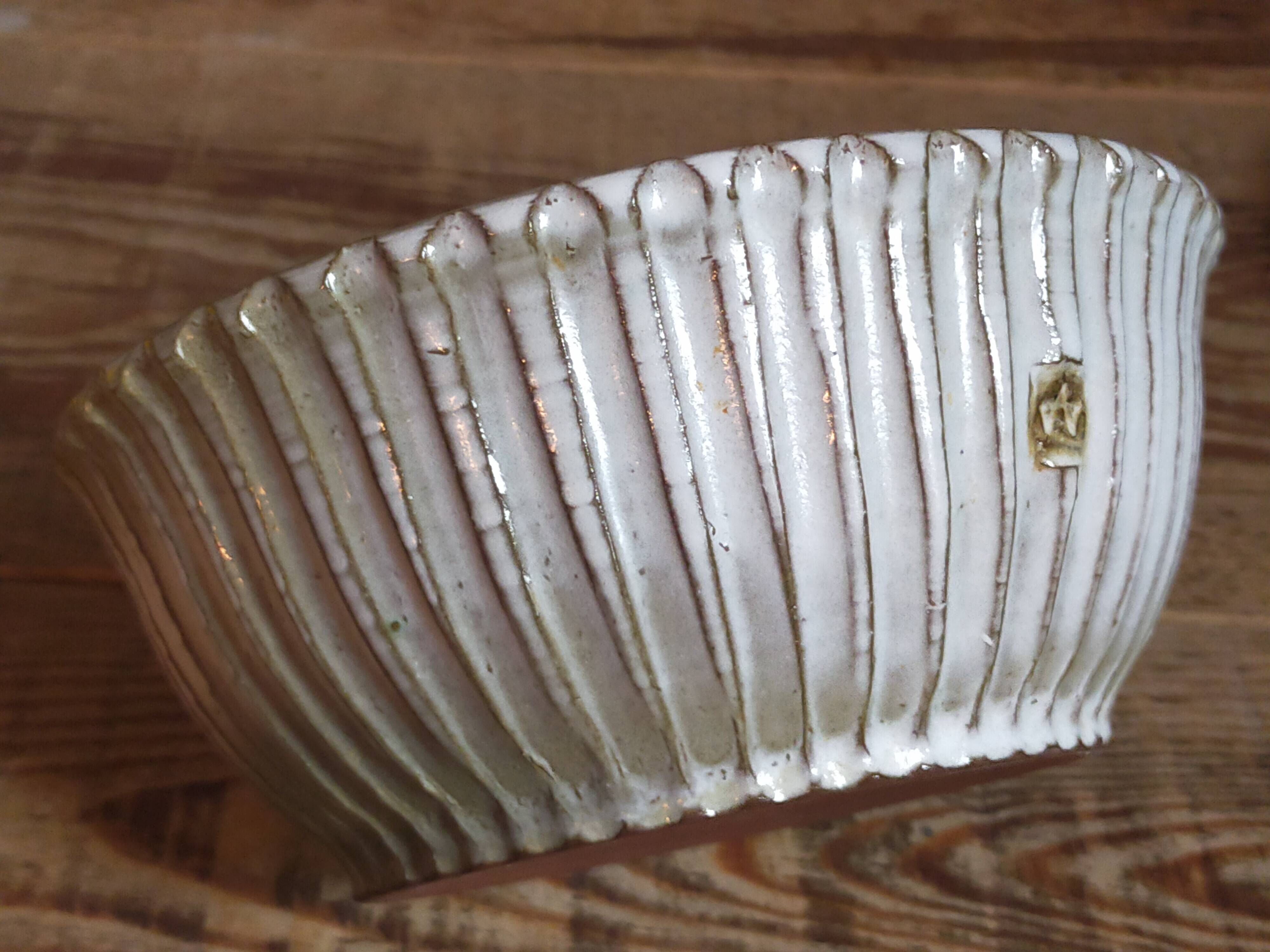 Vintage fluted enameled earthenware potter's salad bowl