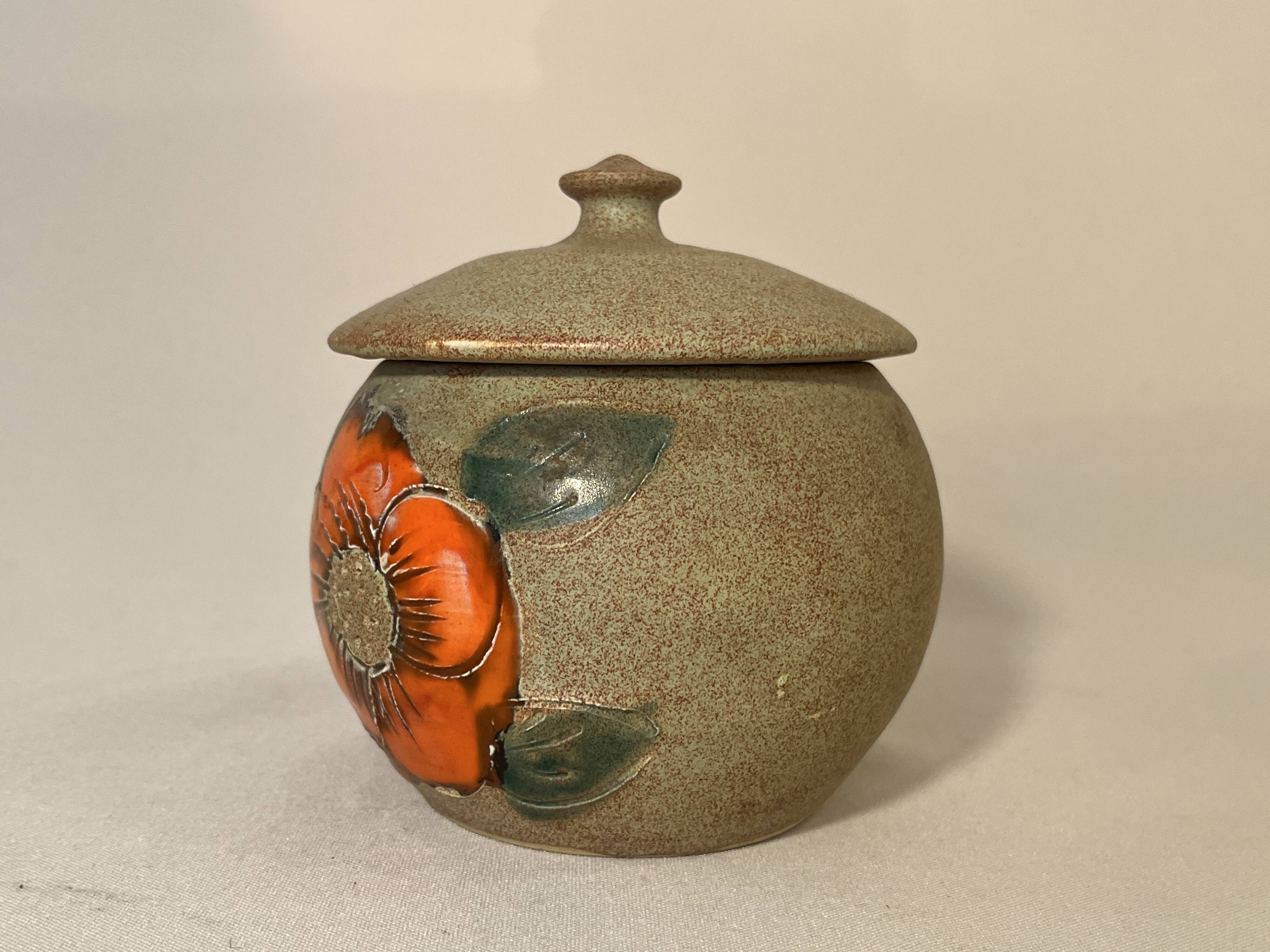 Beige ceramic candy box with orange flowers, vintage 1970s sugar bowl