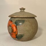 Beige ceramic candy box with orange flowers, vintage 1970s sugar bowl