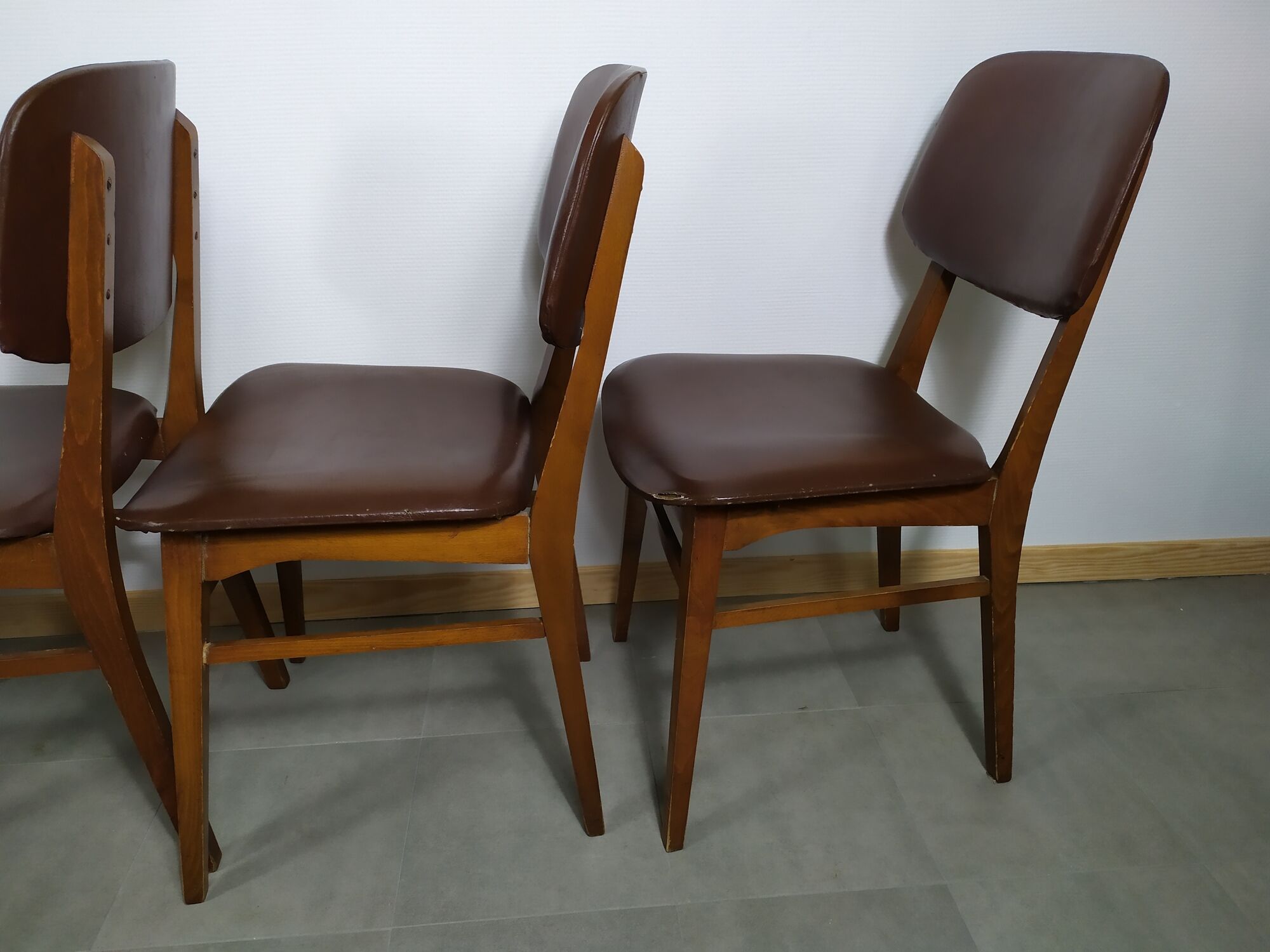 Suite de 6 chaise bois skaï marron brus vintage année 50 - 60