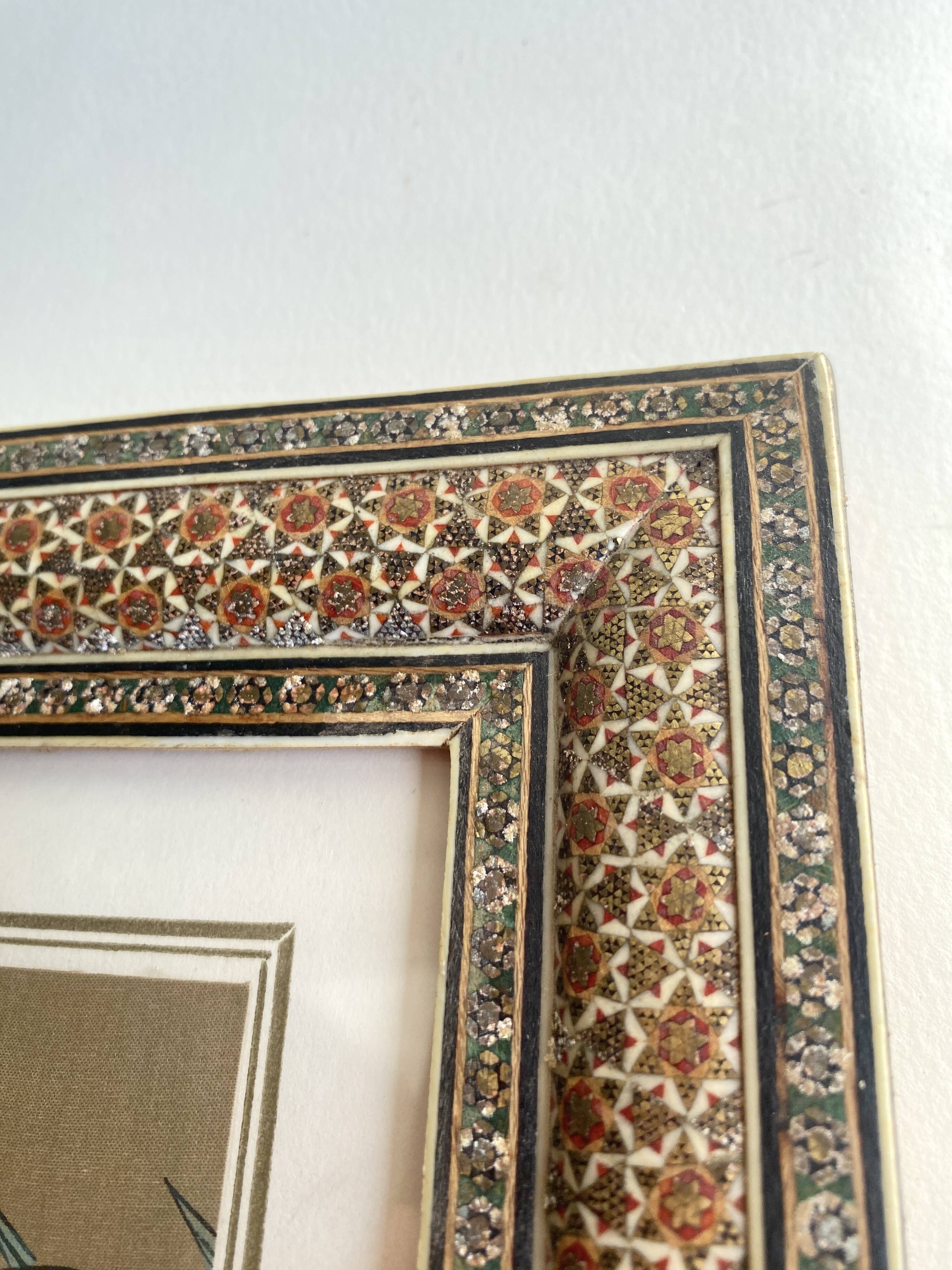 Ornithological painting, marquetry frame