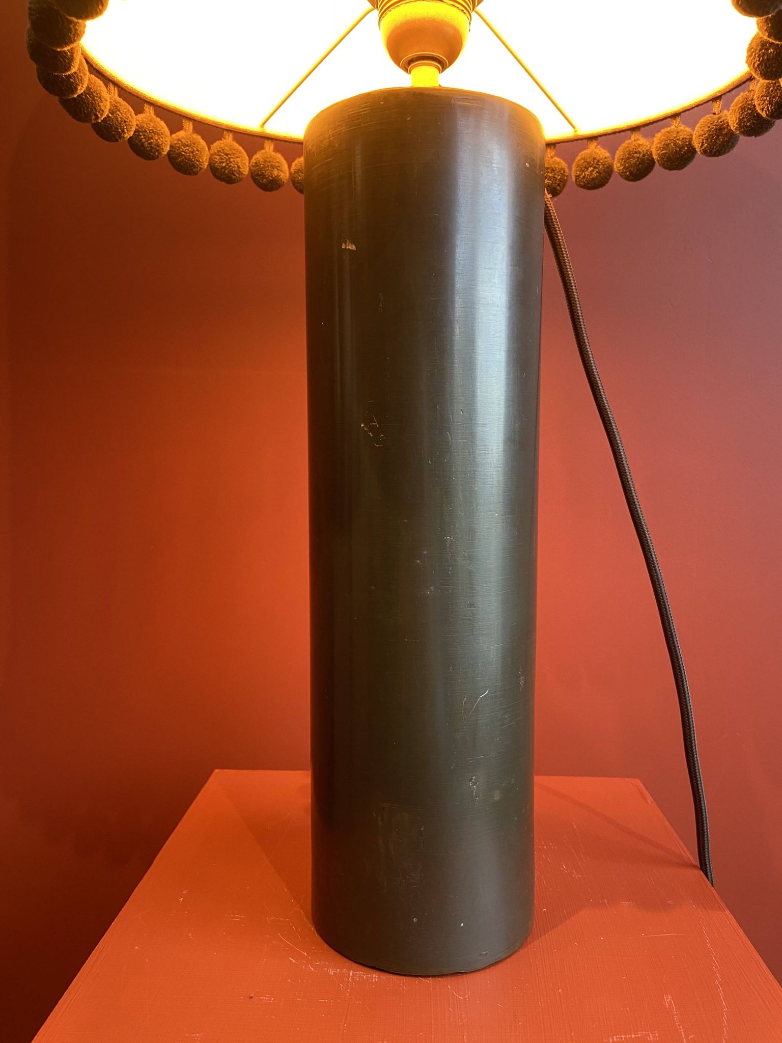 Copper "bouillotte" lamp with Ashoka Silk shade, pom-poms of c