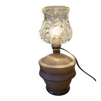 Pink opaline floor lamp with a golden trim, bubble glass globe.