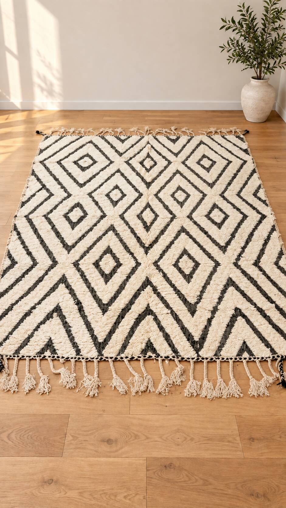 Tapis berbère en laine écrue à motifs noirs