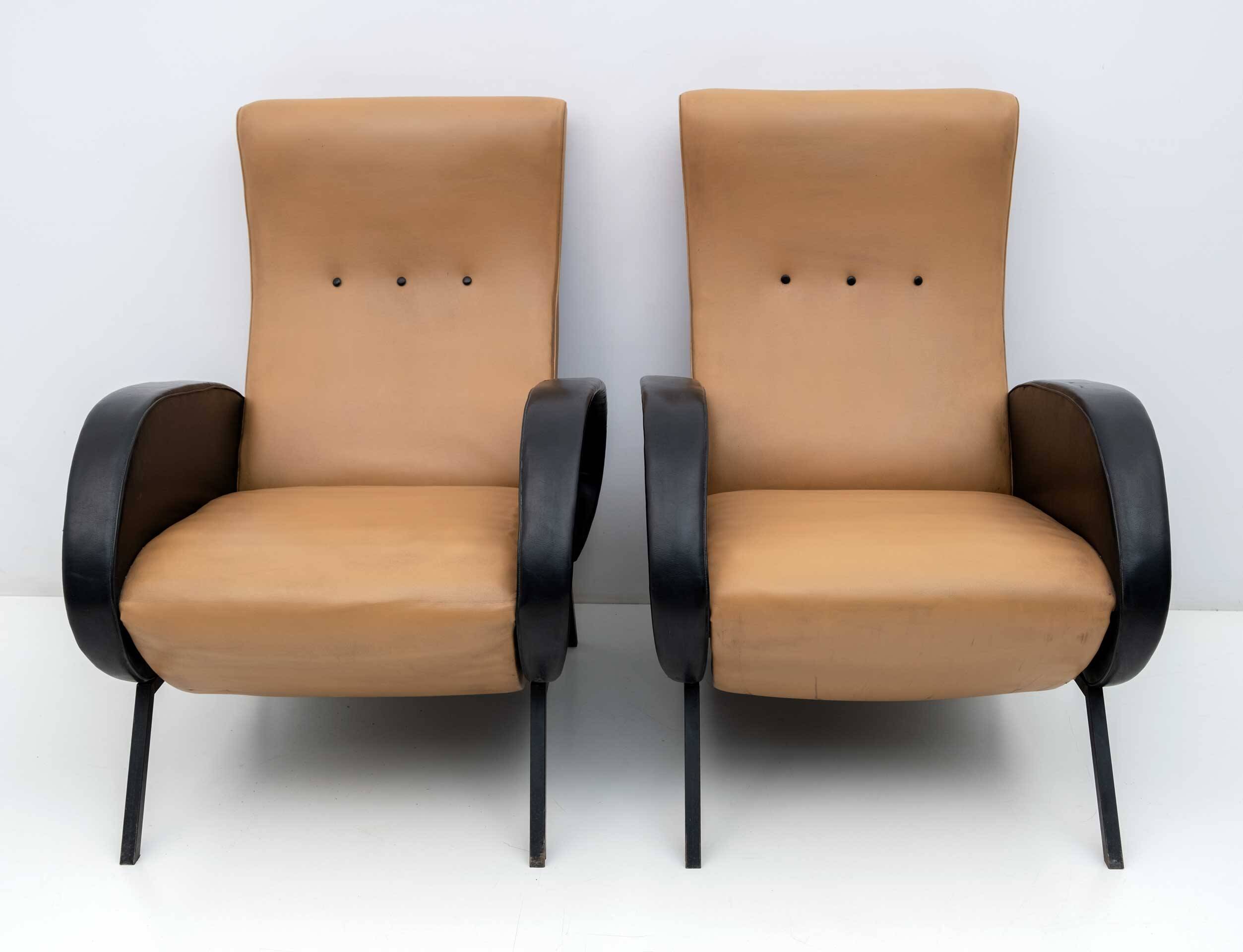 Pair of Marco Zanuso Mid-Century Modern Italian Leather Reclining Armchairs