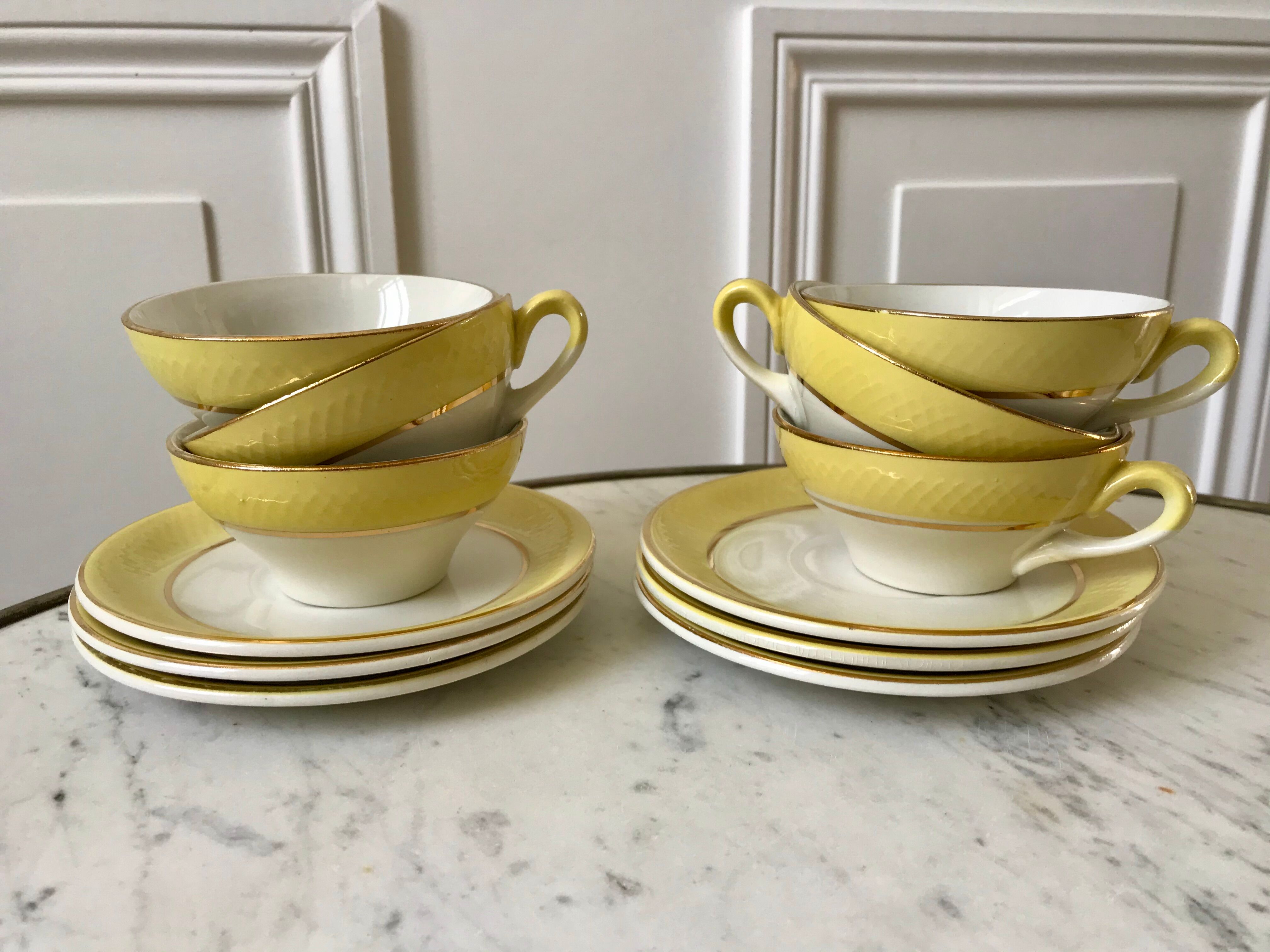 coffee set 6 cups, milk jug and sugar bowl Moulin des Loups textured yellow 50s