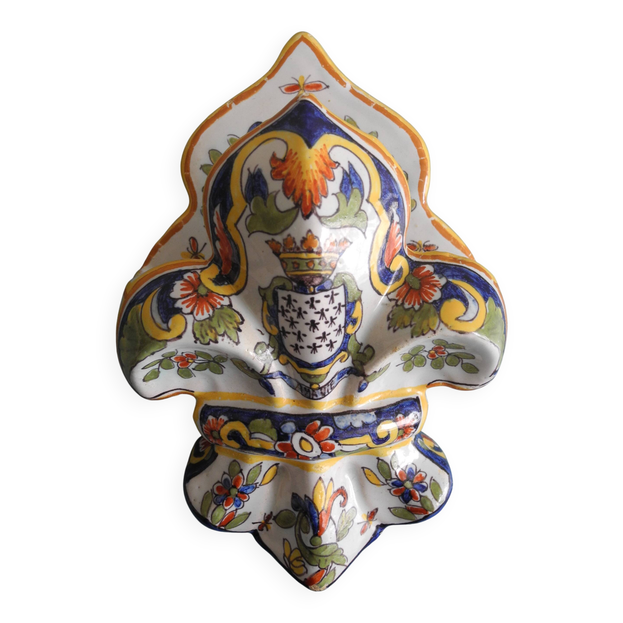 Ancien vase bouquetière murale faïence Desvres Fourmaintraux wall vase
