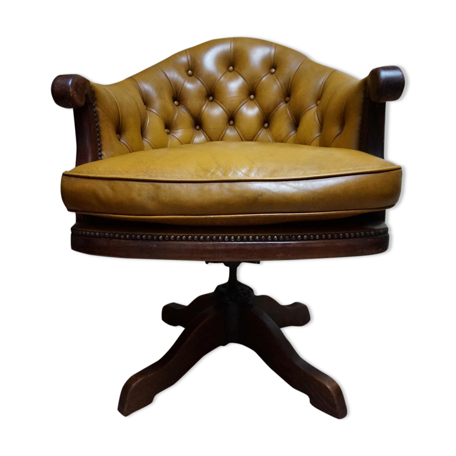 Antique Chesterfield Leather Bankers Swivel & Tilt Office Chair, 1930s