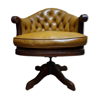 Antique Chesterfield Leather Bankers Swivel & Tilt Office Chair, 1930s