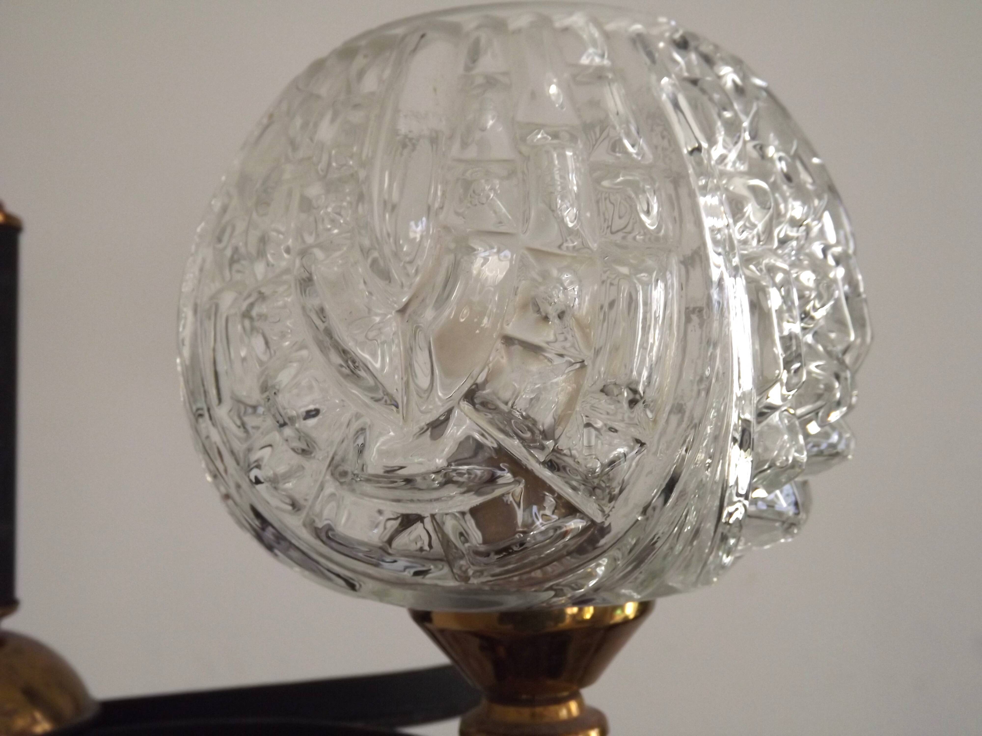 French Vintage Retro Mid Century Black & Gold 4 Arm Chandelier with Glass Shades 5015