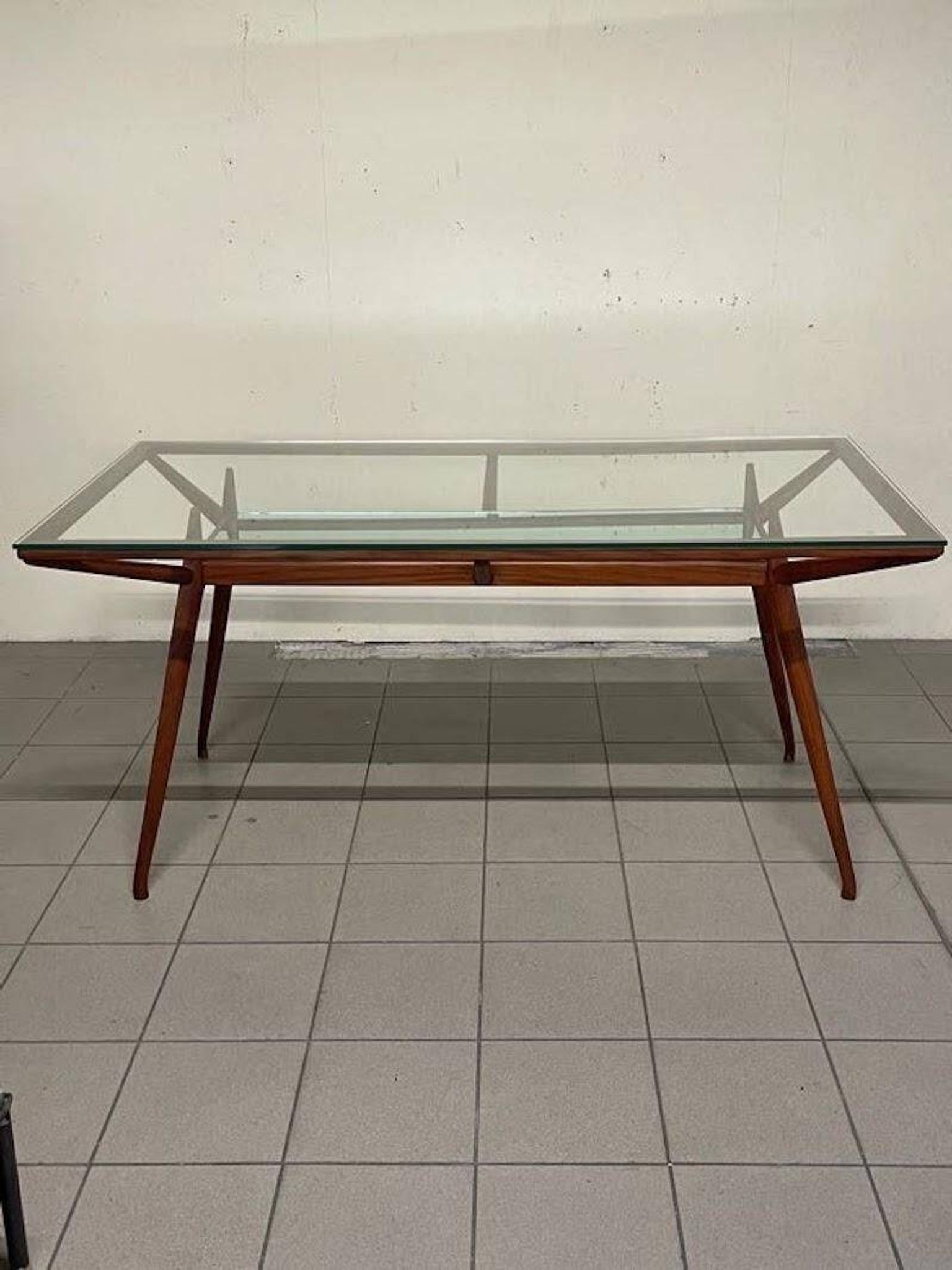 1950s Italian Wooden Table with Double Glass Top