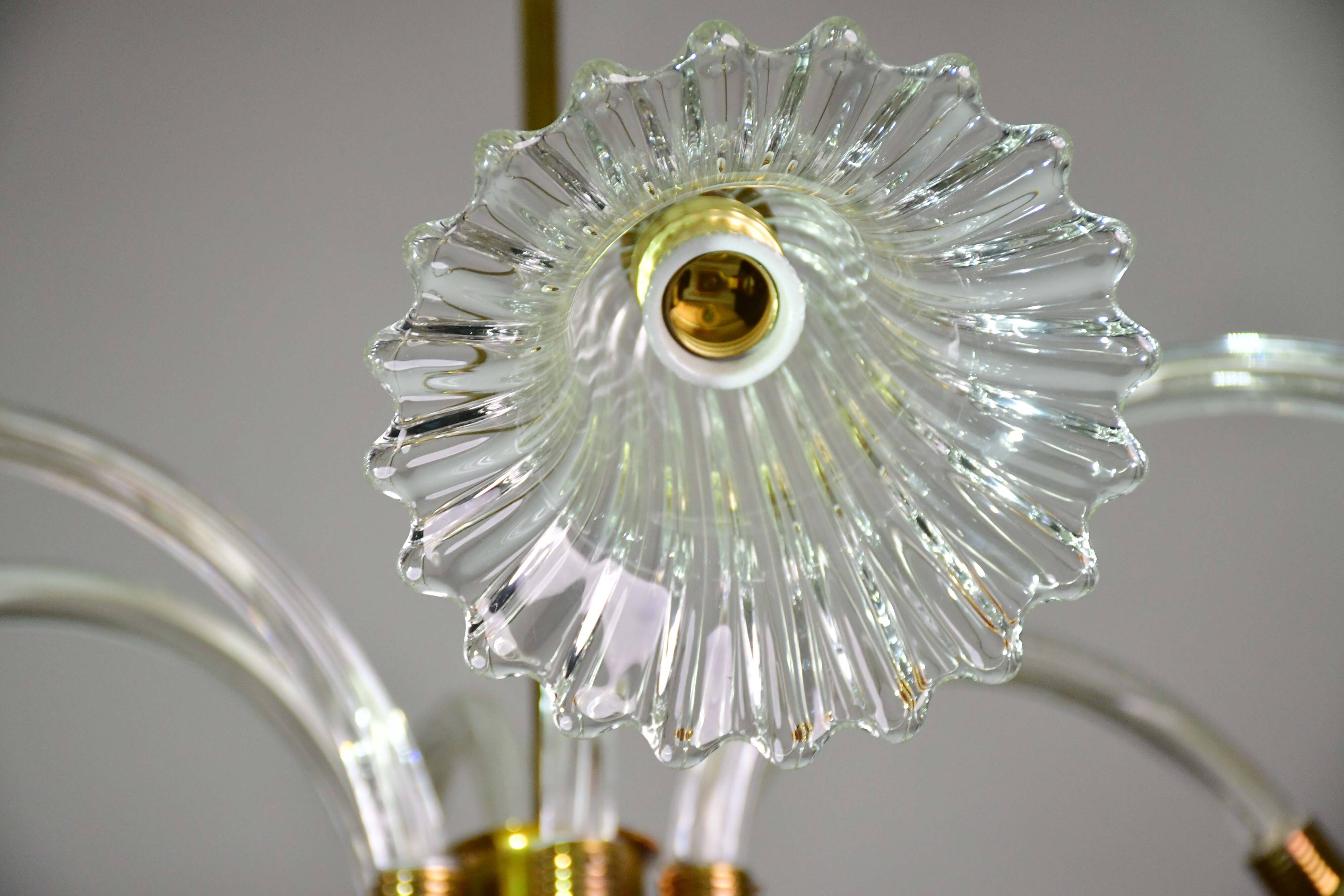 Amazing 6 light Art Deco Murano glass and brass chrome chandelier by Barovier