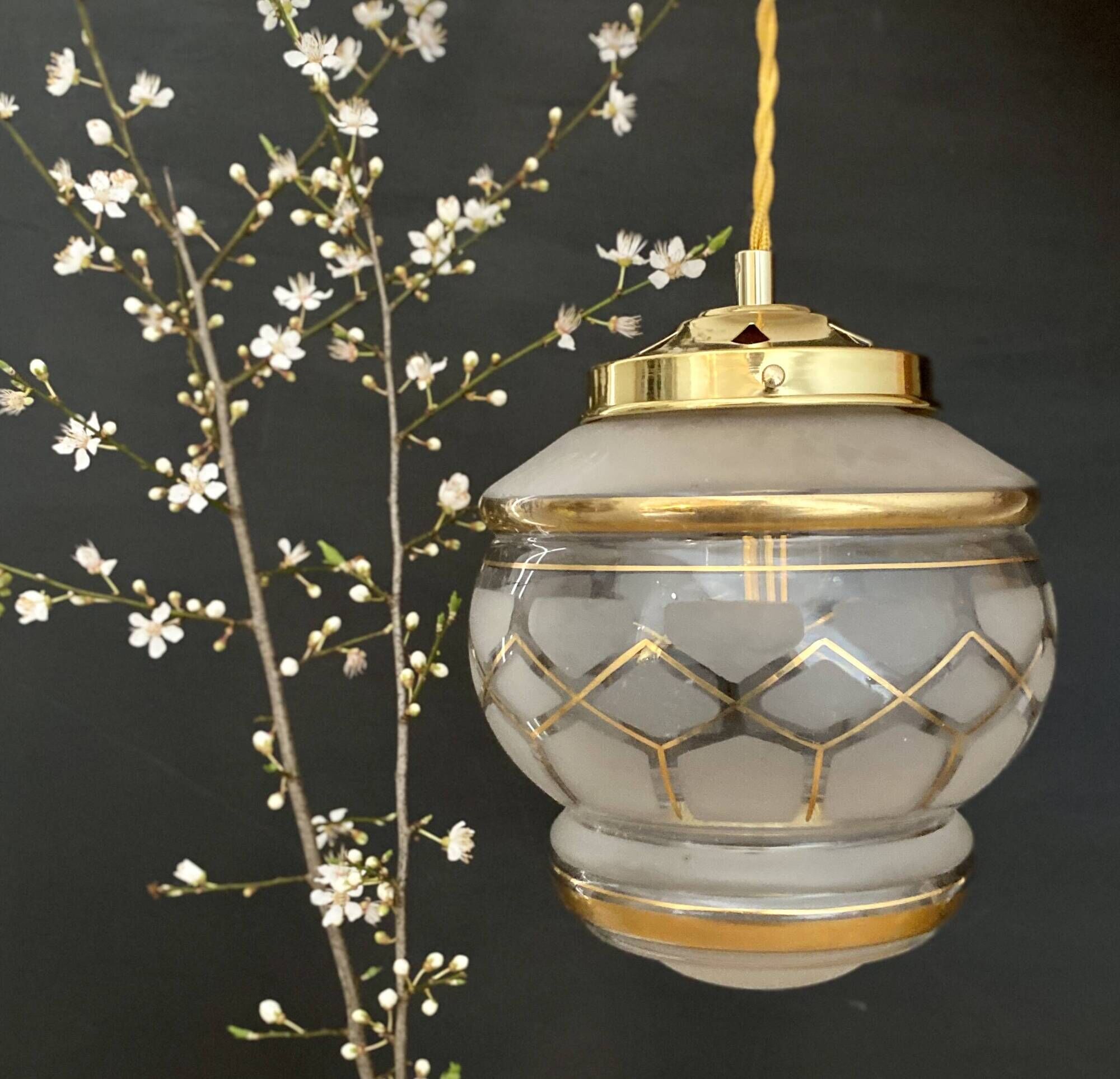Vintage art deco globe pendant light in white and gold frosted glass
