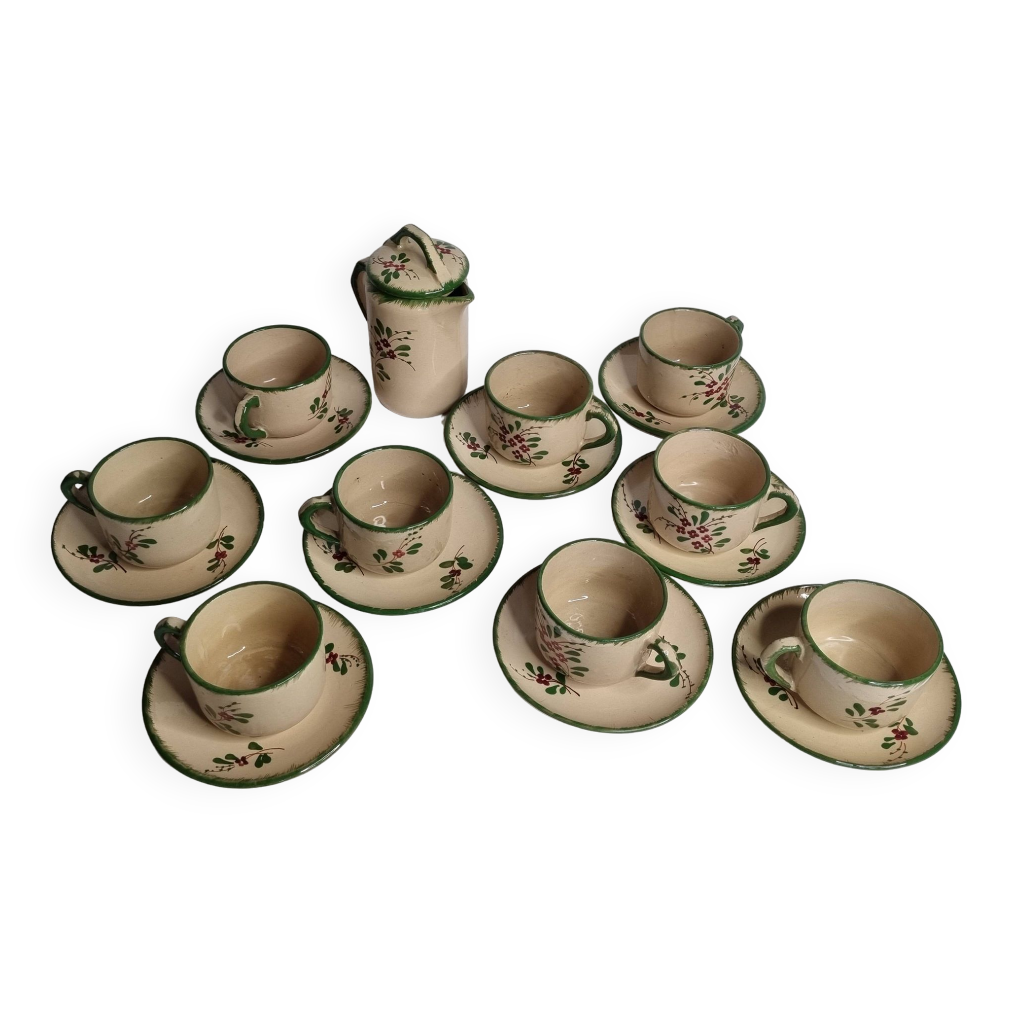 Enamelled earthenware coffee service, Jemappes, Belgium, 9 cups
