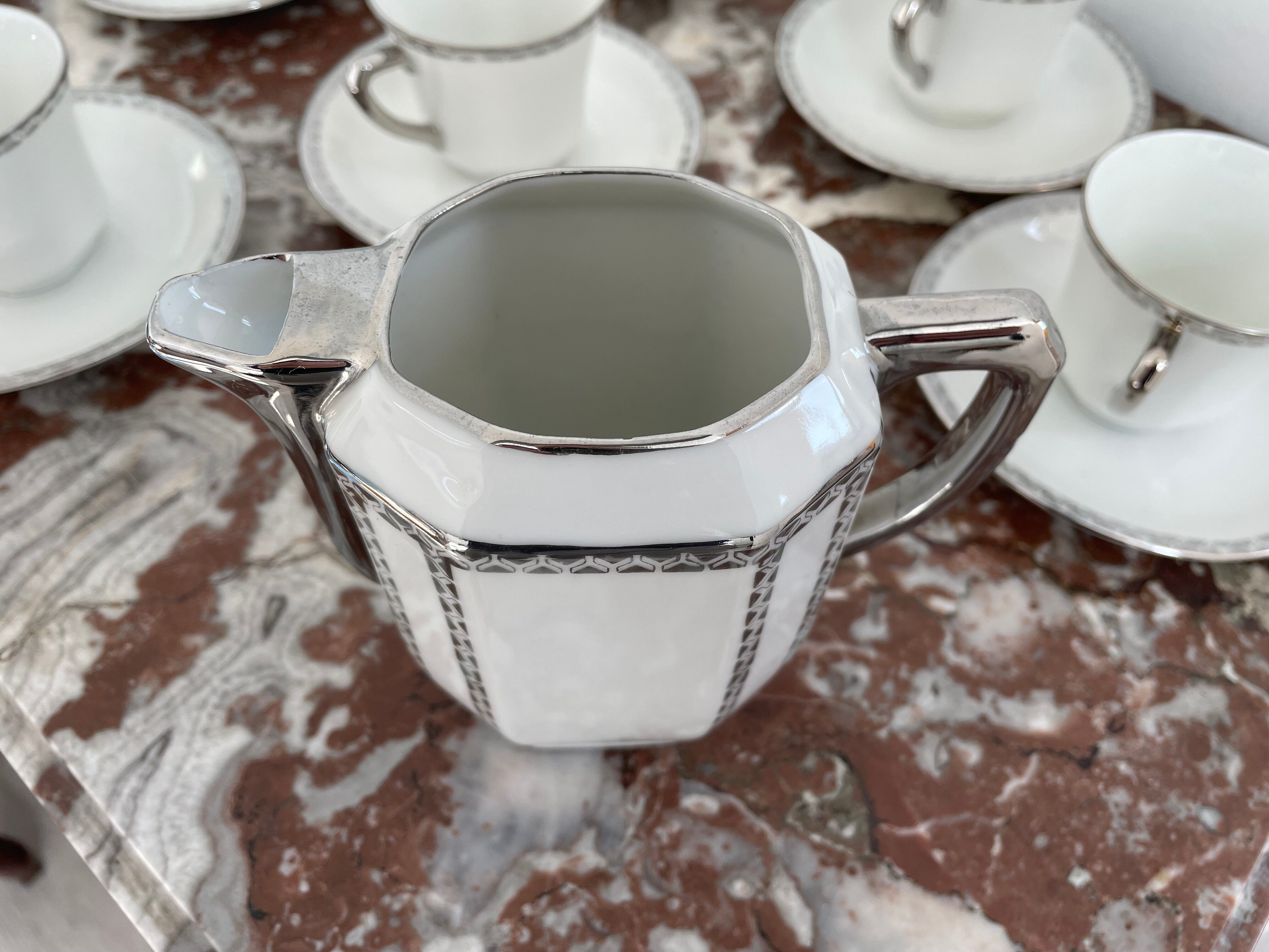 Coffee set, tea 1925, art deco, union céramique, uc, limoges, 8 cups, 8 subcups, teapot