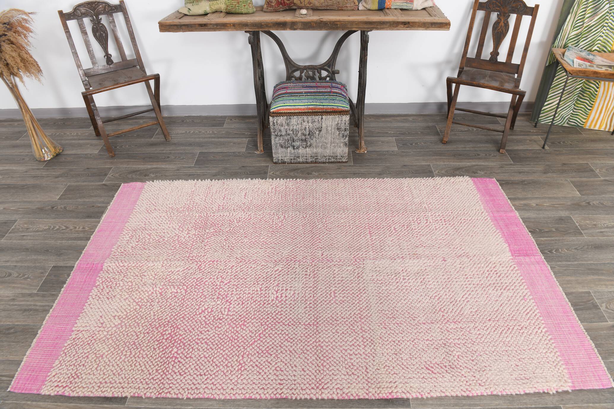 4x7 Shades Of Pink & Beige Handmade Wool Vintage Rug, 129x220Cm SK 34944