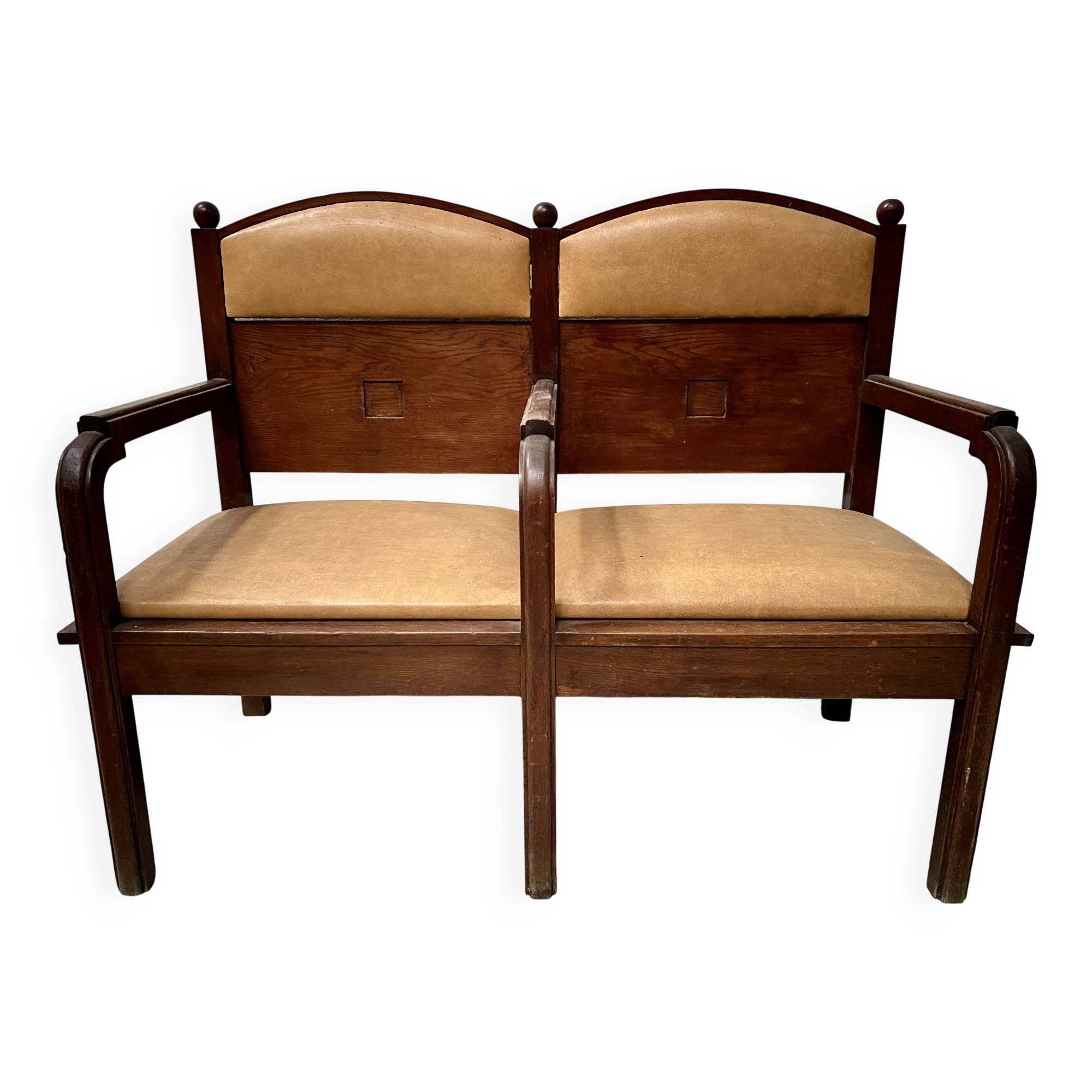 Art Deco two-seater bench in solid mahogany, 20th century.
