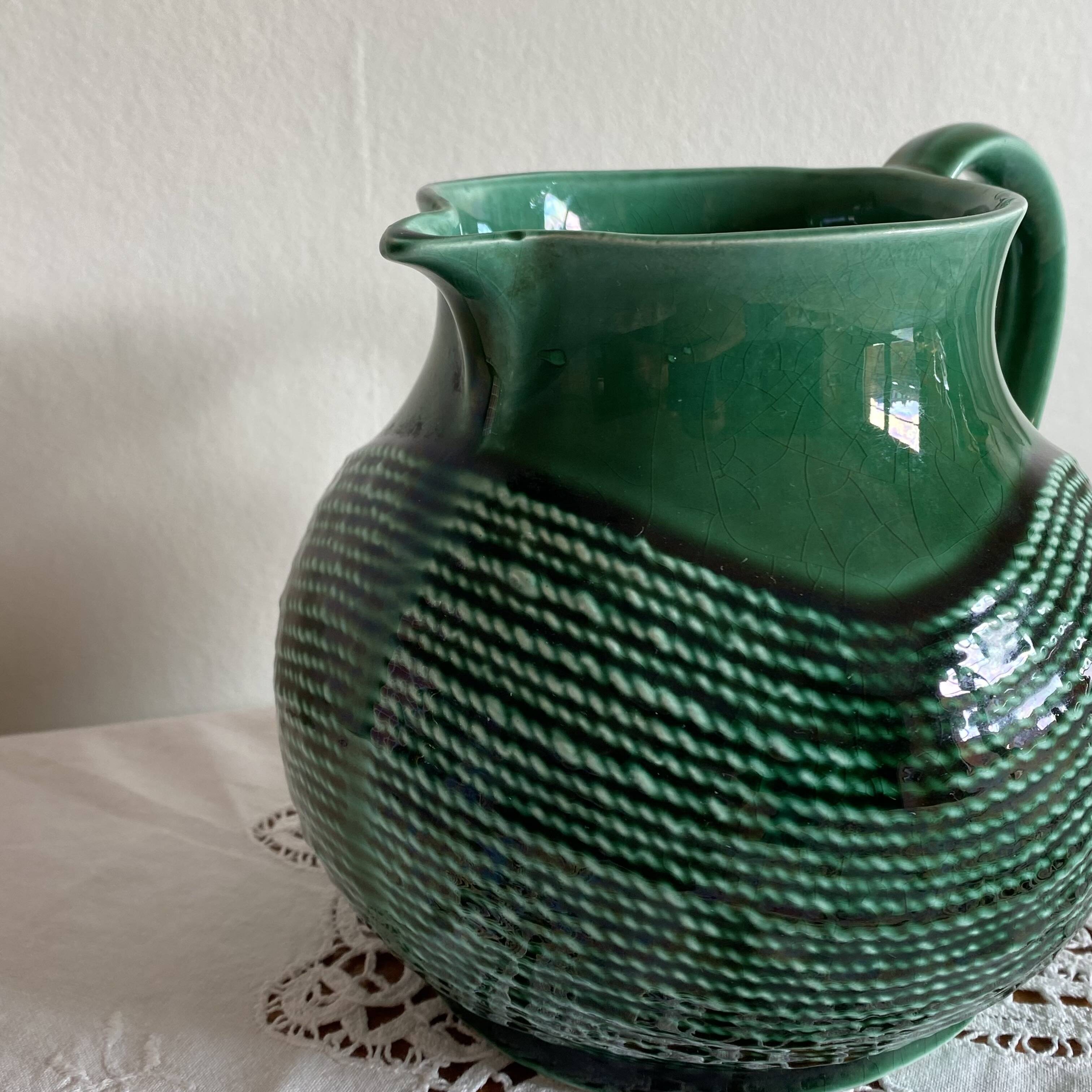 Green ceramic pitcher Sarreguemines vintage tableware