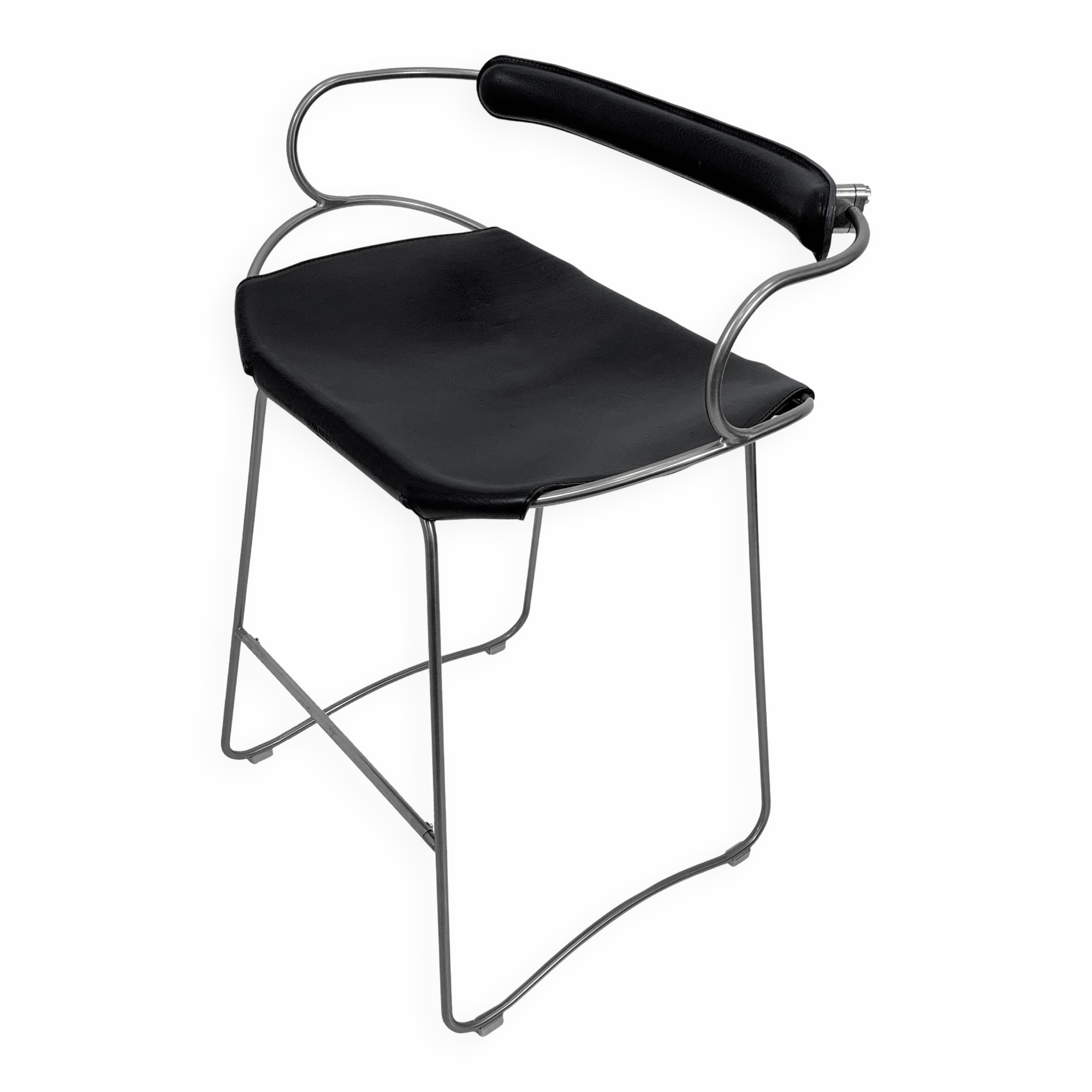 Organic sculptural bar stool c. Backrest Old Silver Steel and Black Leather