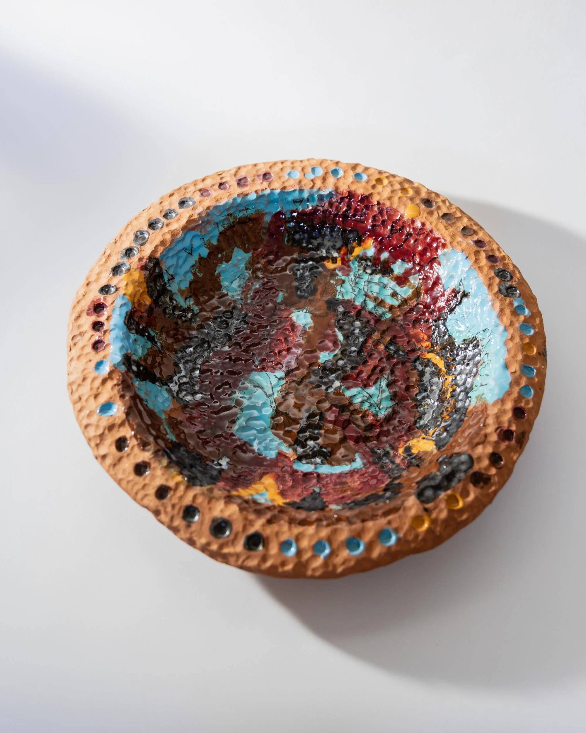 Vintage 1970s ceramic workshop bowl, naive handcrafted shape with coloured glaze, terracotta fruit bowl or wall plate, elegant gift idea.