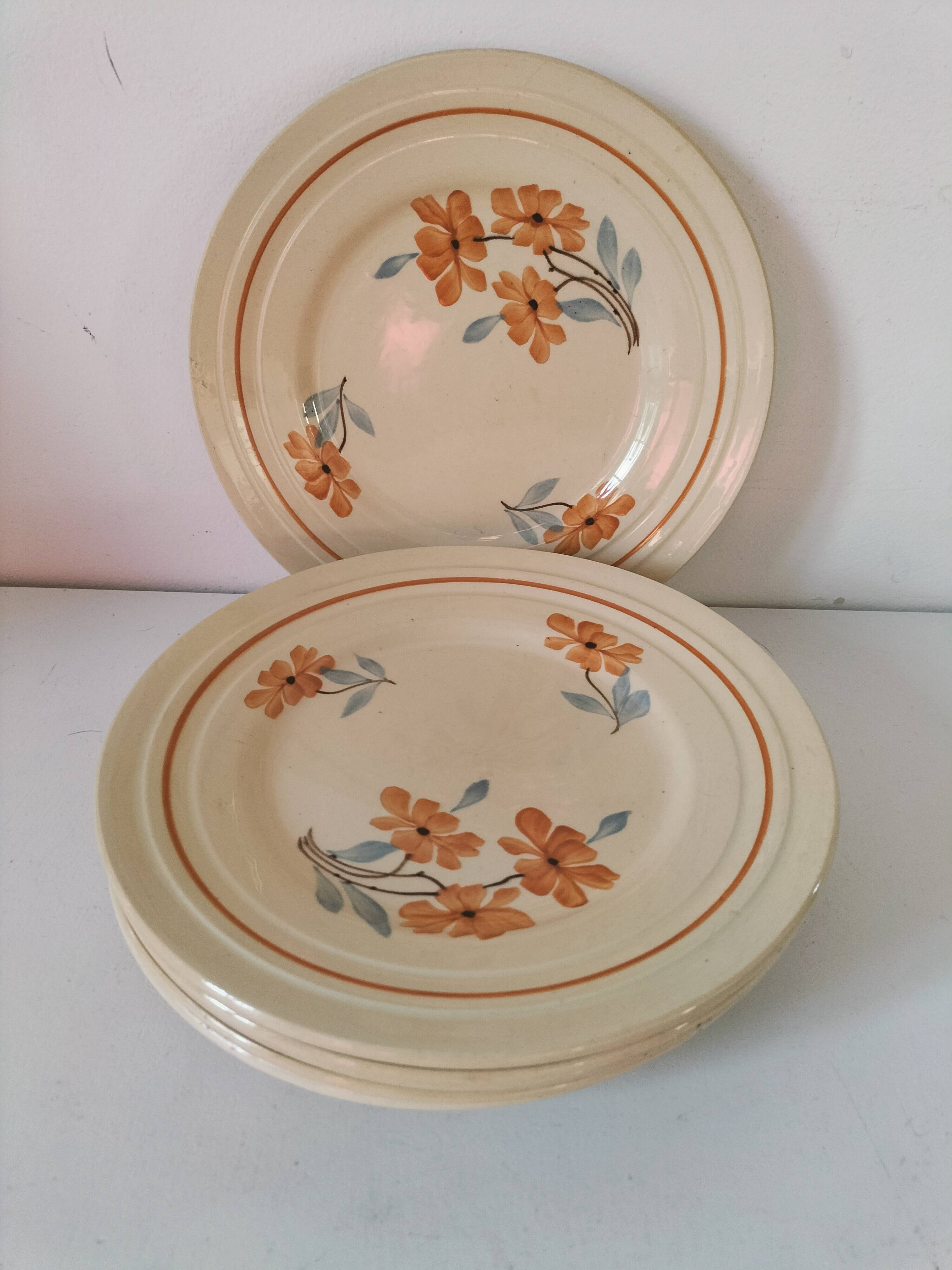 Set of 6 vintage orange and blue floral plates – 1950s