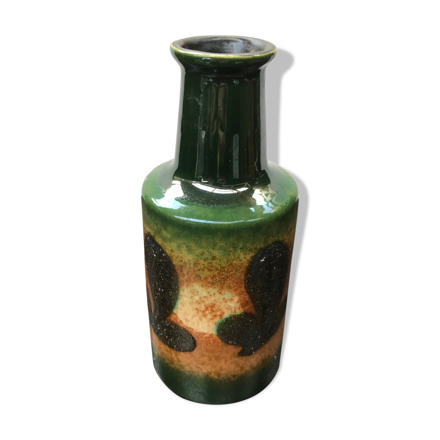 Old vase shape green ceramics bottle - vintage brown