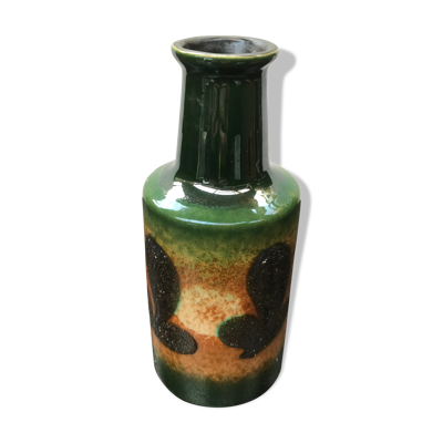 Ancien vase forme bouteille céramique verte & brune vintage