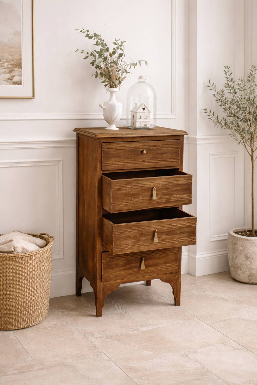 Art Deco chest of drawers in raw wood with 5 drawers.