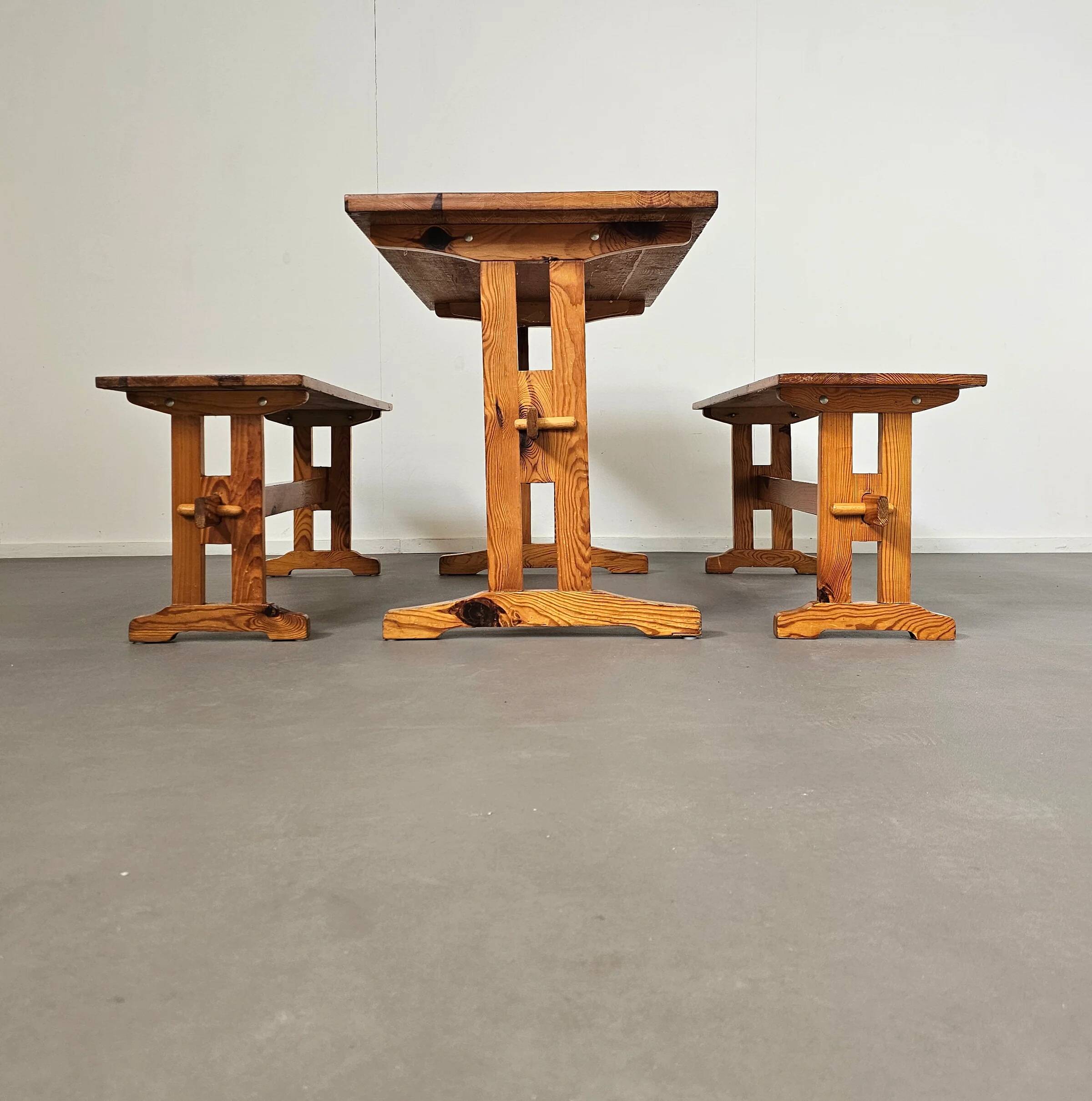 Scandinavian modern solid pinewood benches and dining table, 1970s