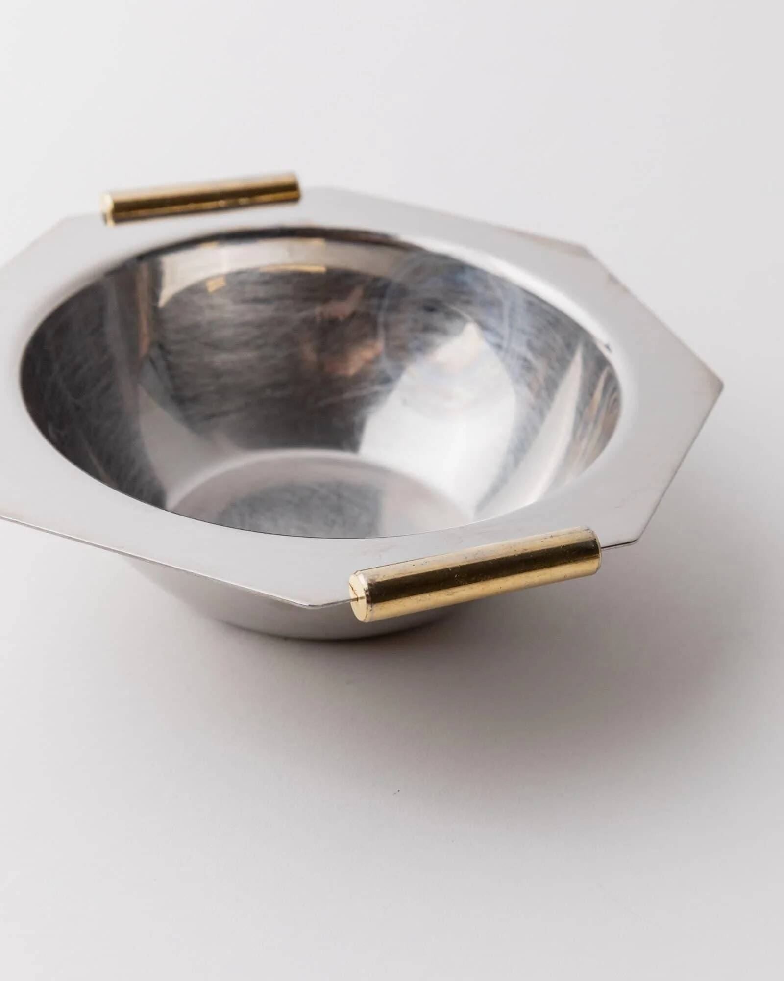 1980s vintage bowls, set of 8, stainless steel with gold handles.