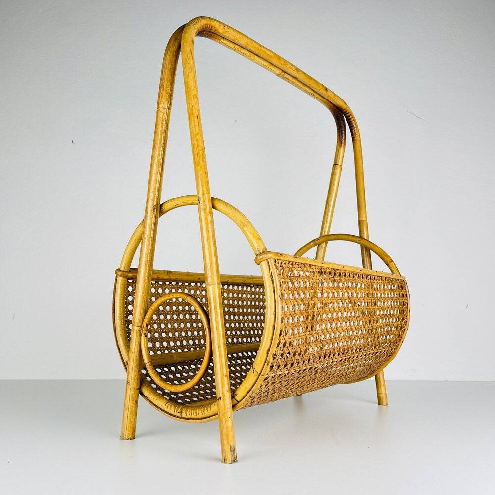 Vintage bamboo and Vienna straw magazine rack, Italy, 1960s.