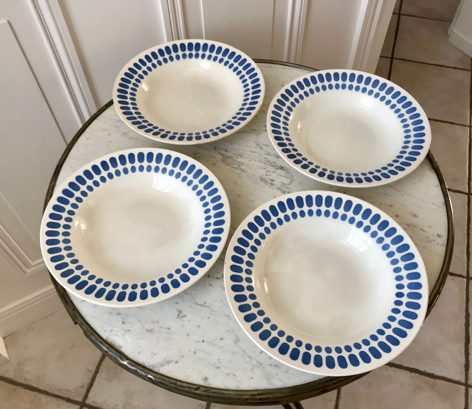 Set of 4 hollow plates Digoin Sarreguemines blue model "Tartan" 40s